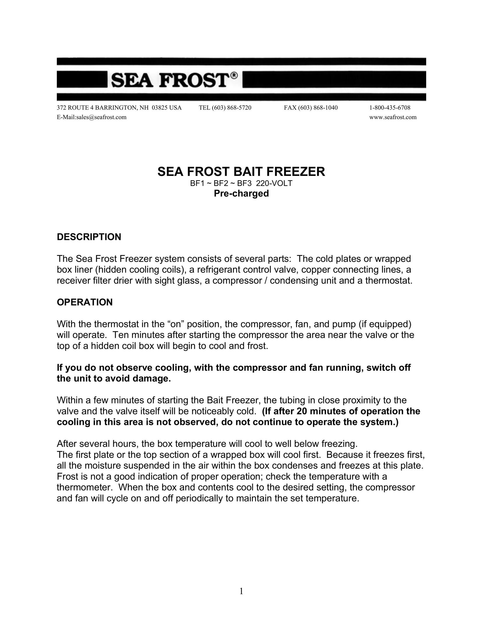 Sea Frost Bait Freezer Freezer User Manual