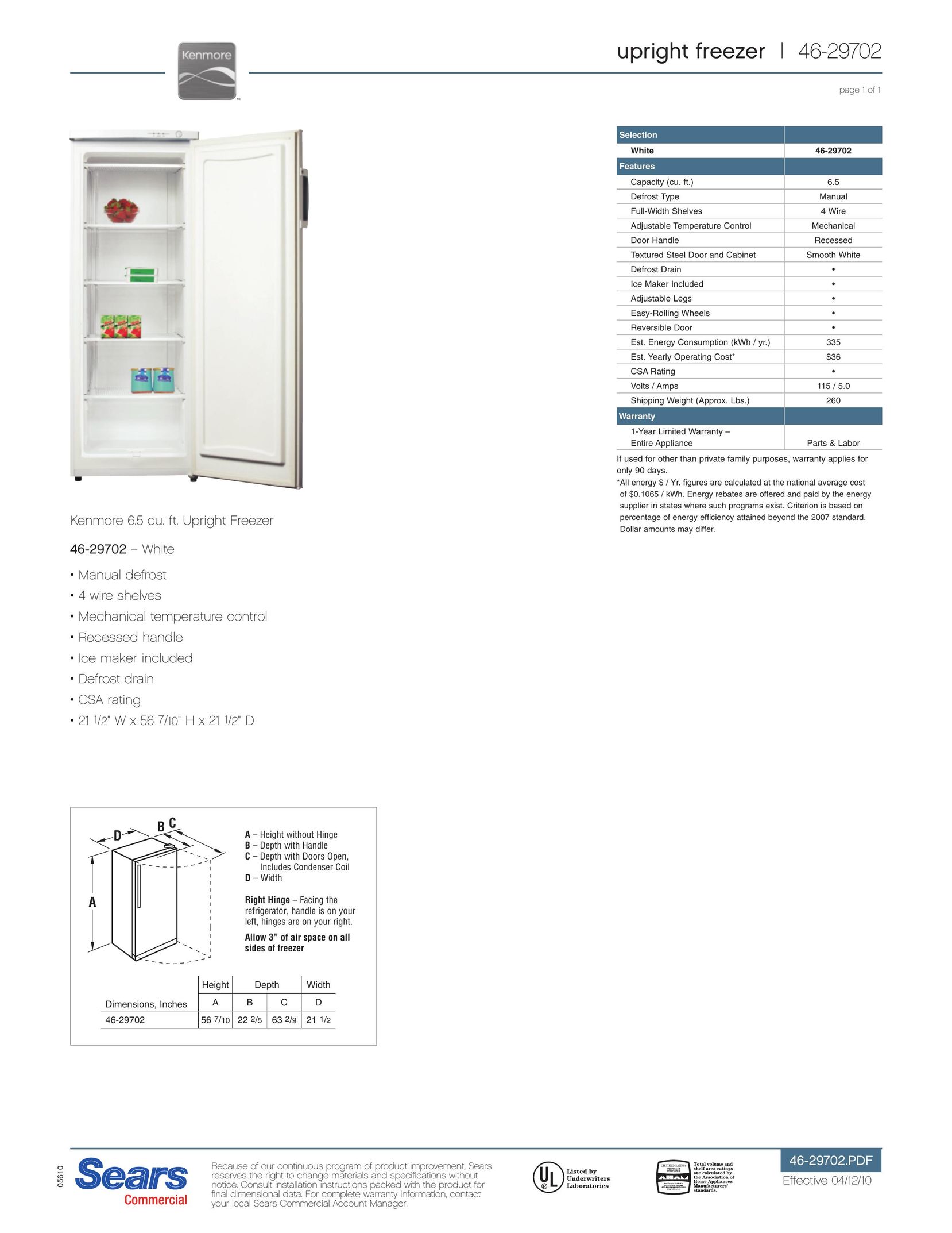 Sears 46-29702 Freezer User Manual