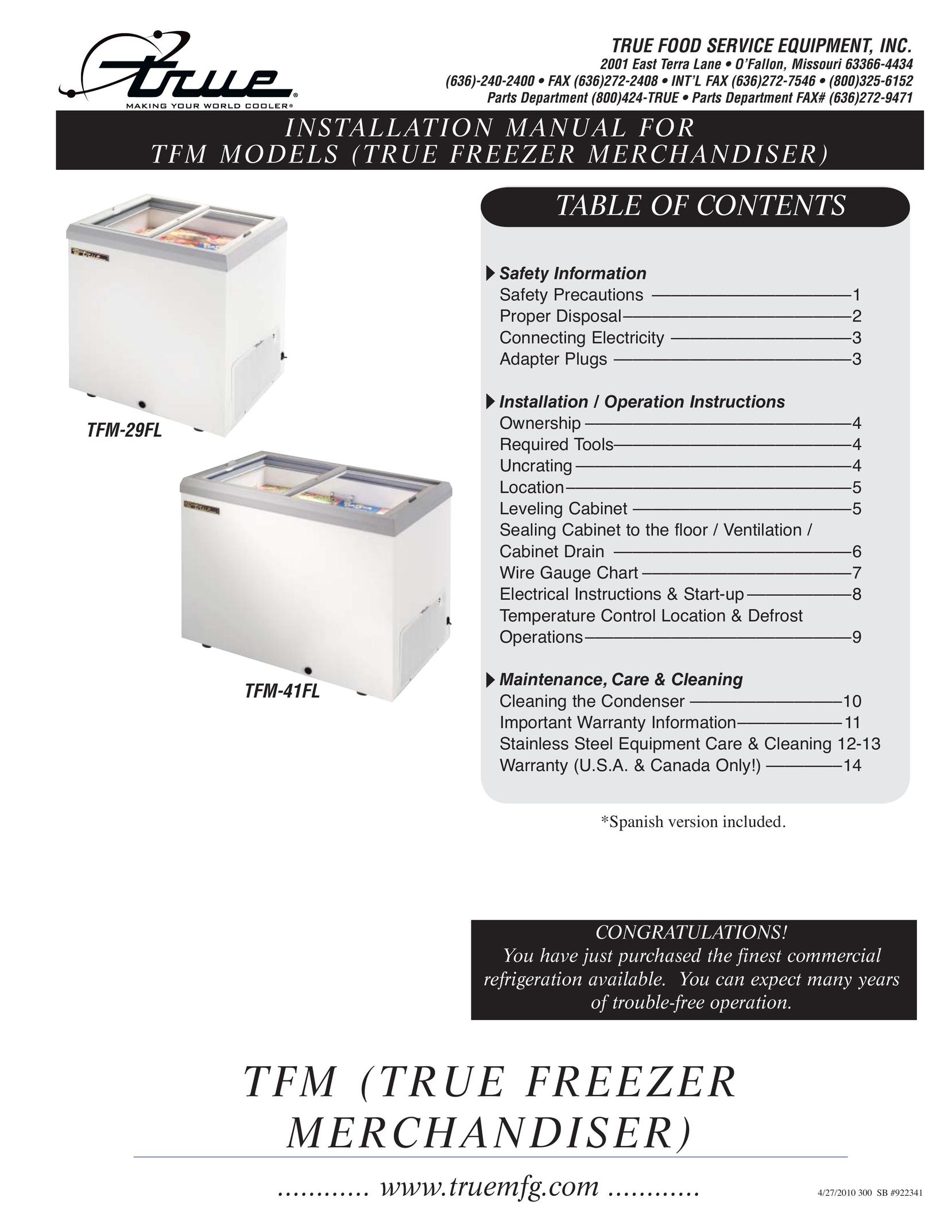 True Manufacturing Company 922341 Freezer User Manual