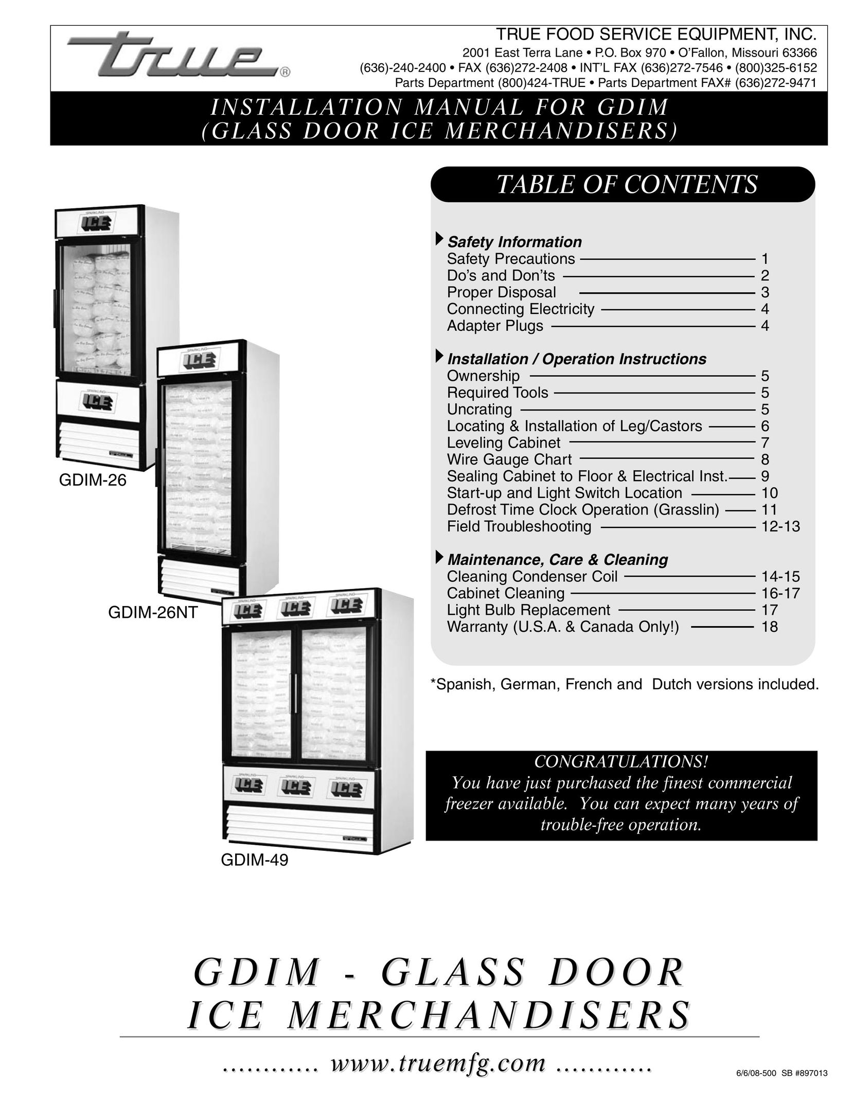 True Manufacturing Company GDIM-26 Freezer User Manual