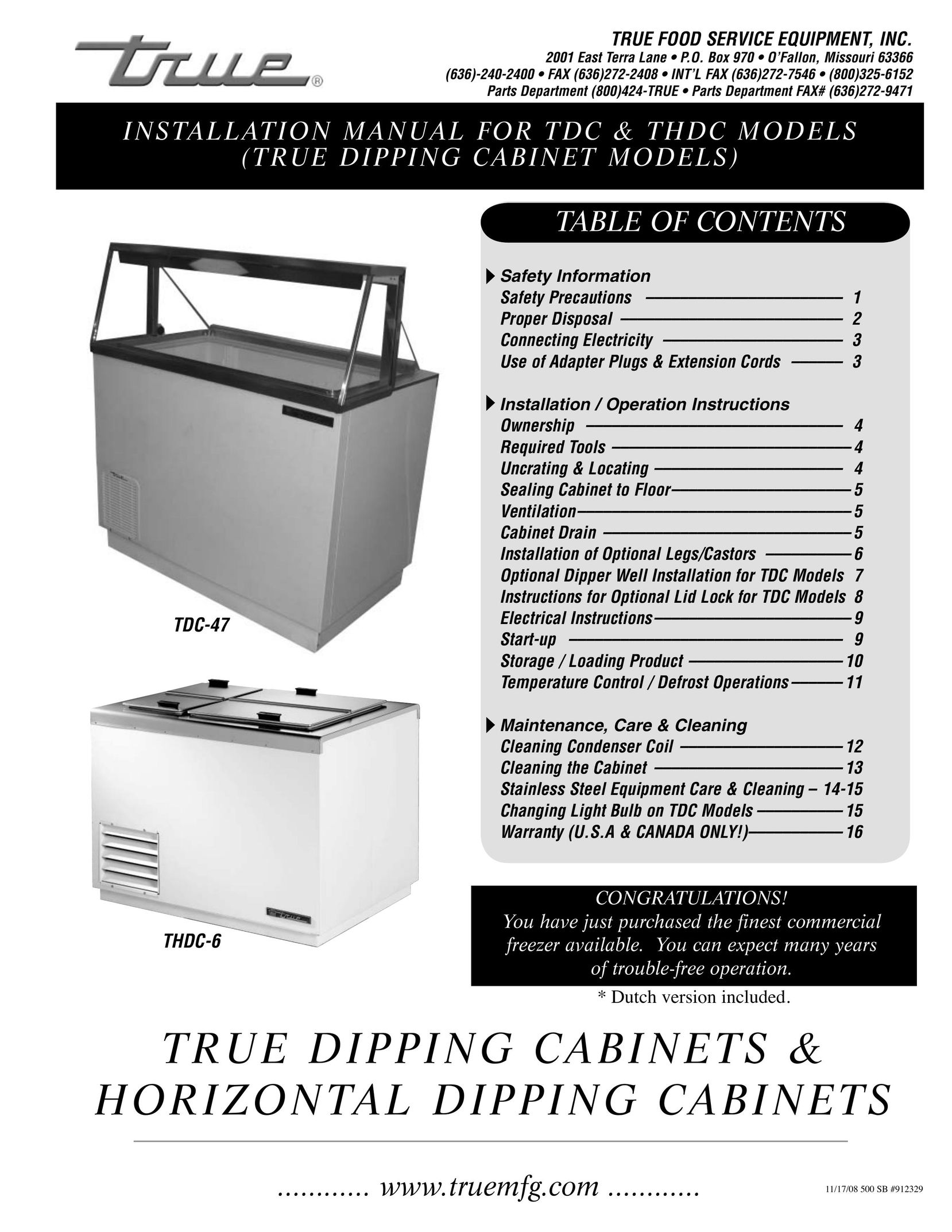 True Manufacturing Company THDC-6 Freezer User Manual