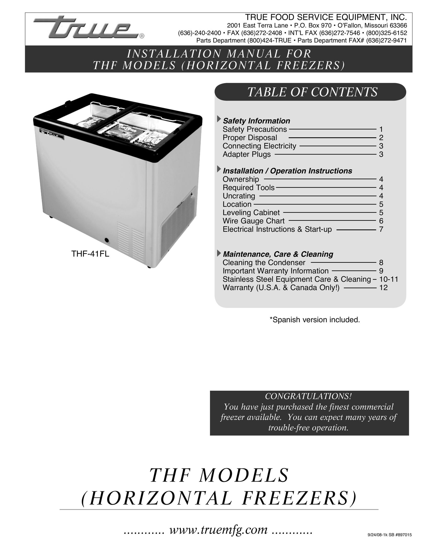 True Manufacturing Company THF-41FL Freezer User Manual