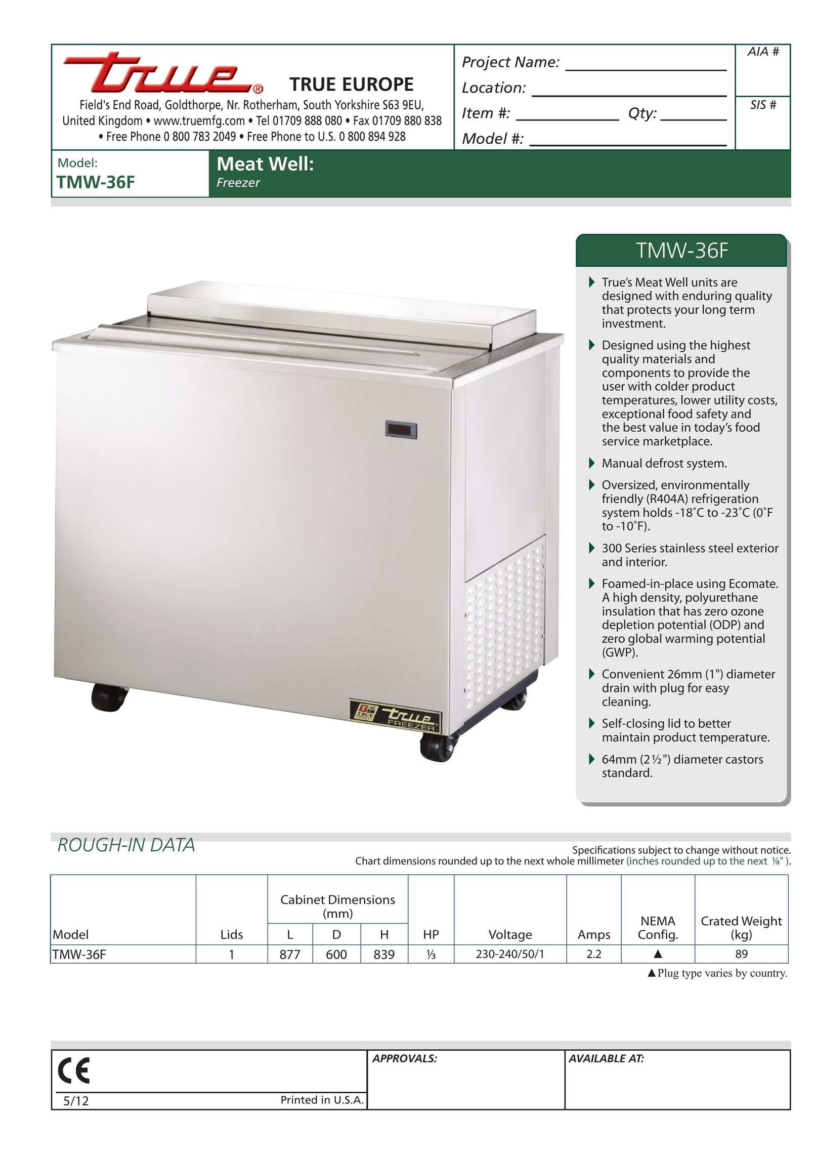 True Manufacturing Company TMW-36F Freezer User Manual