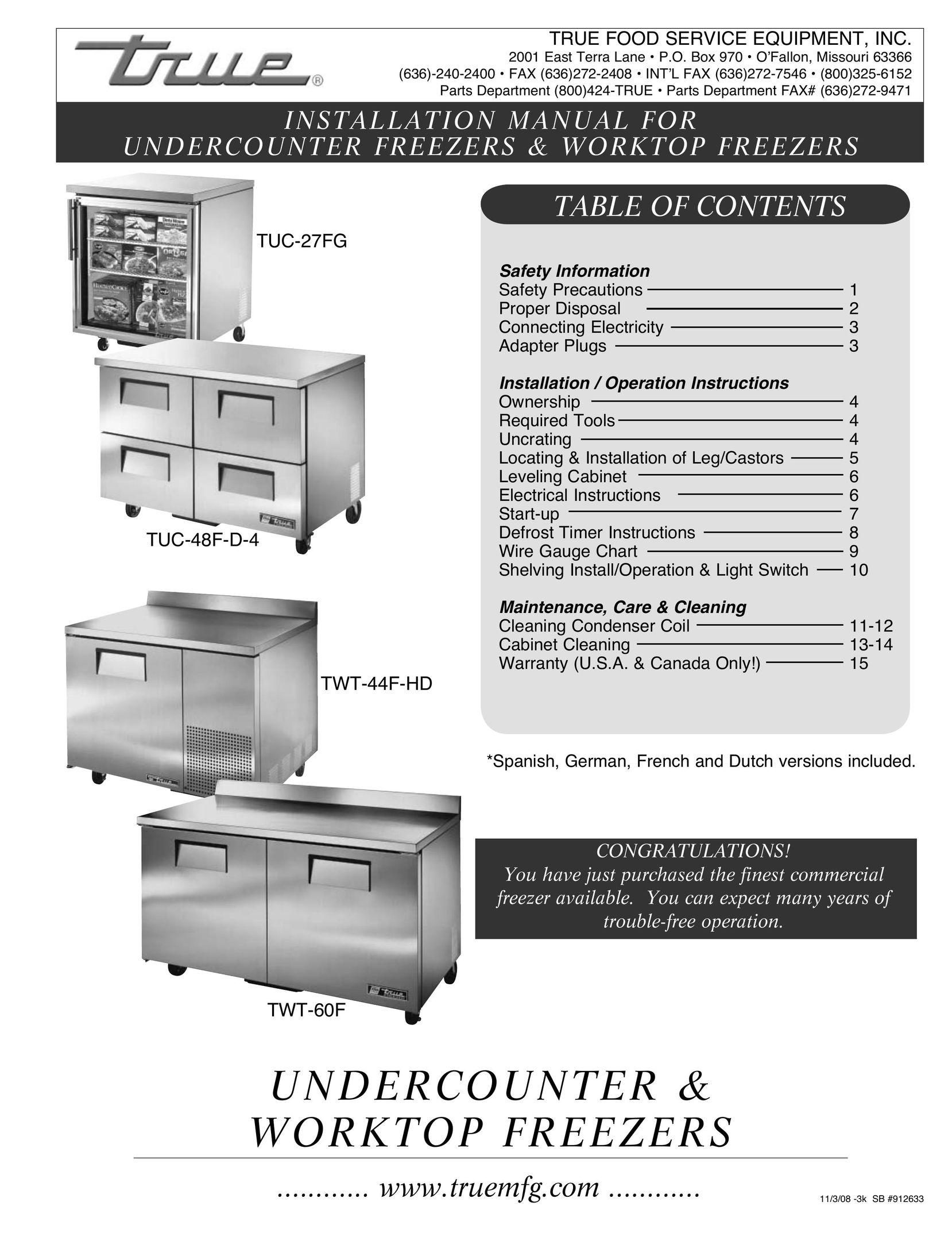 True Manufacturing Company TUC-27FG Freezer User Manual