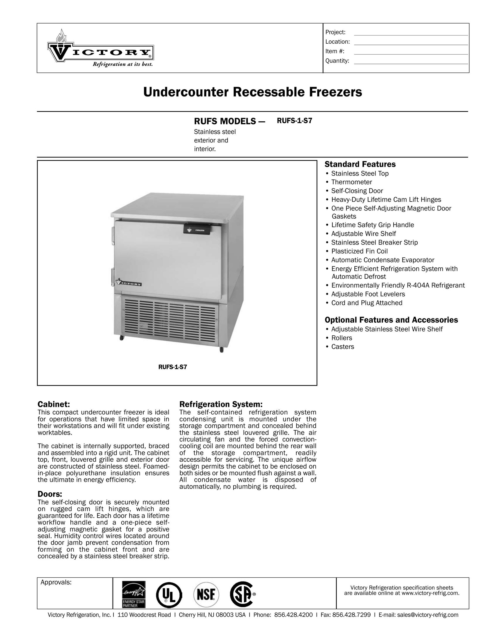 Victory Refrigeration RUFS-1-S7 Freezer User Manual