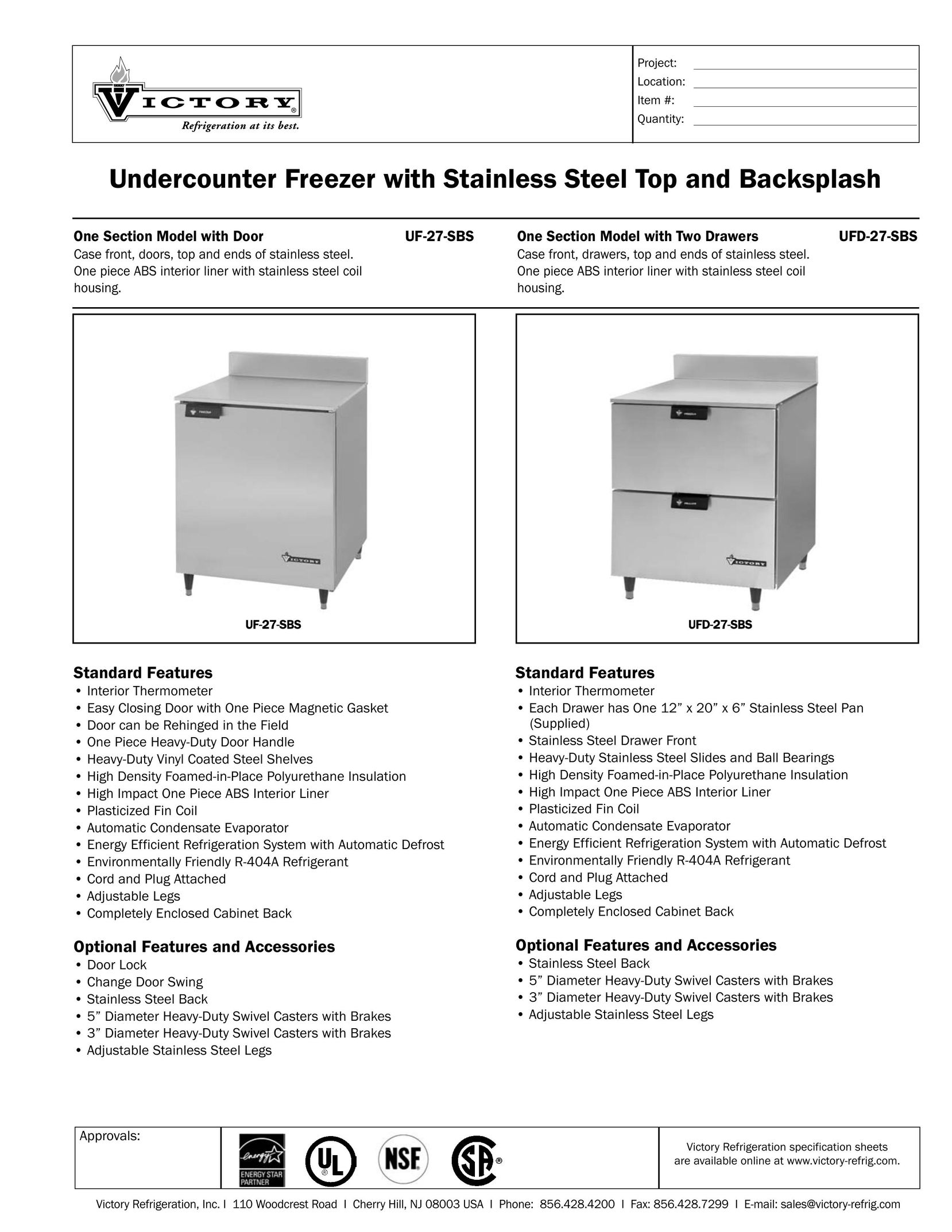 Victory Refrigeration UFD-27-SBS Freezer User Manual