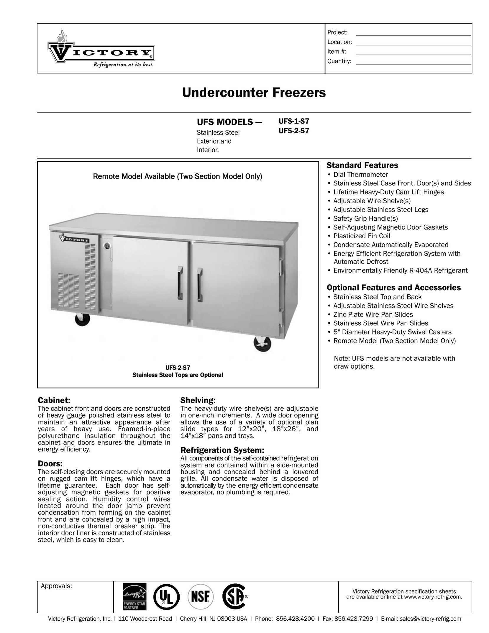 Victory Refrigeration UFS-1-S7 Freezer User Manual