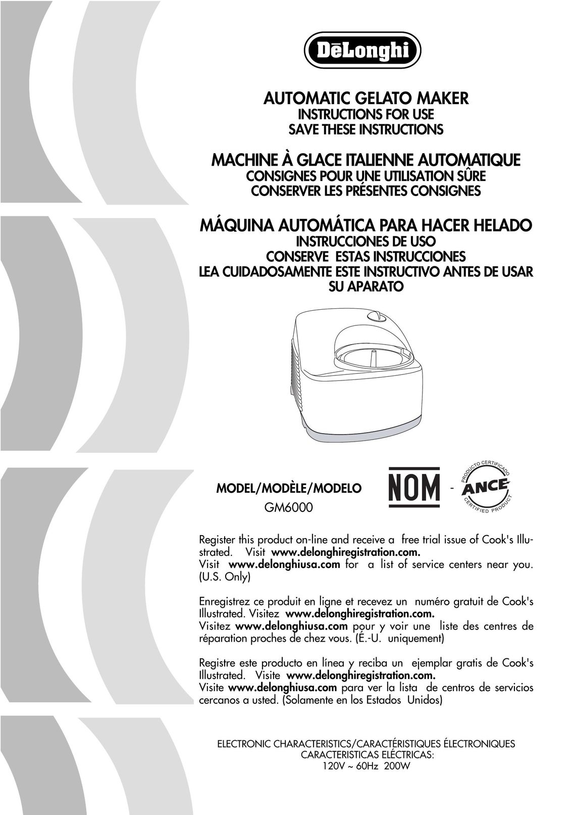 DeLonghi GM6000 Frozen Dessert Maker User Manual