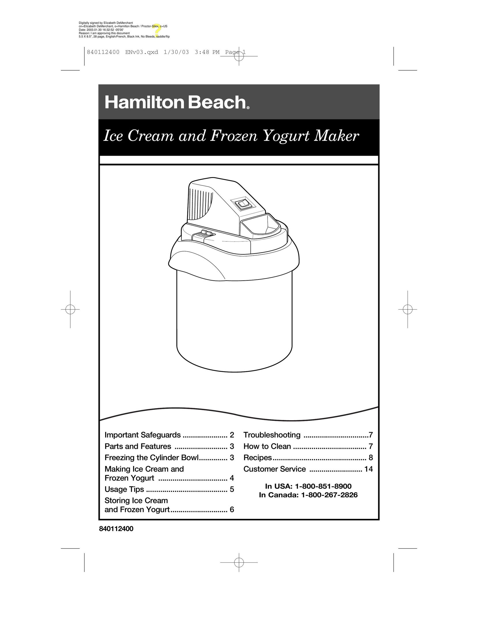 Hamilton Beach 68120 Frozen Dessert Maker User Manual