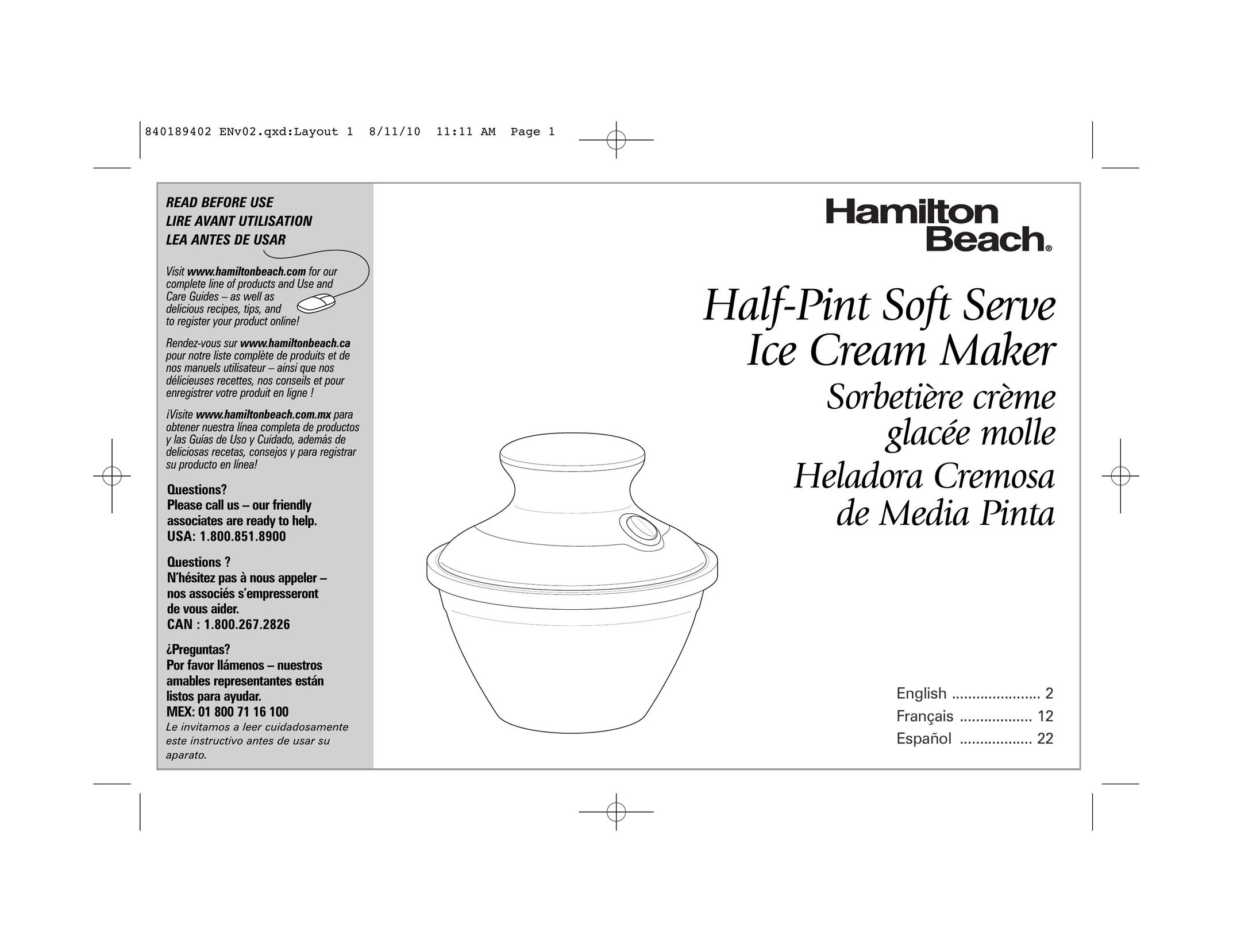 Hamilton Beach 68550E Frozen Dessert Maker User Manual
