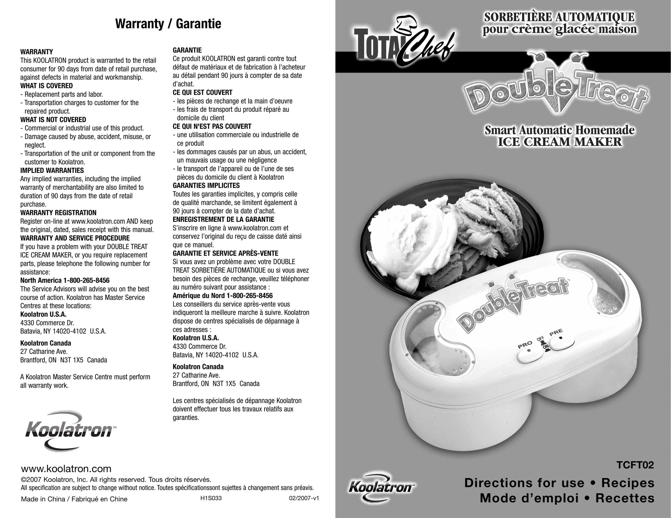 Koolatron TCFT02 Frozen Dessert Maker User Manual