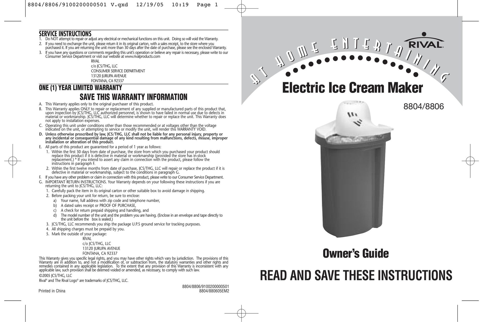 Rival 8804 Frozen Dessert Maker User Manual
