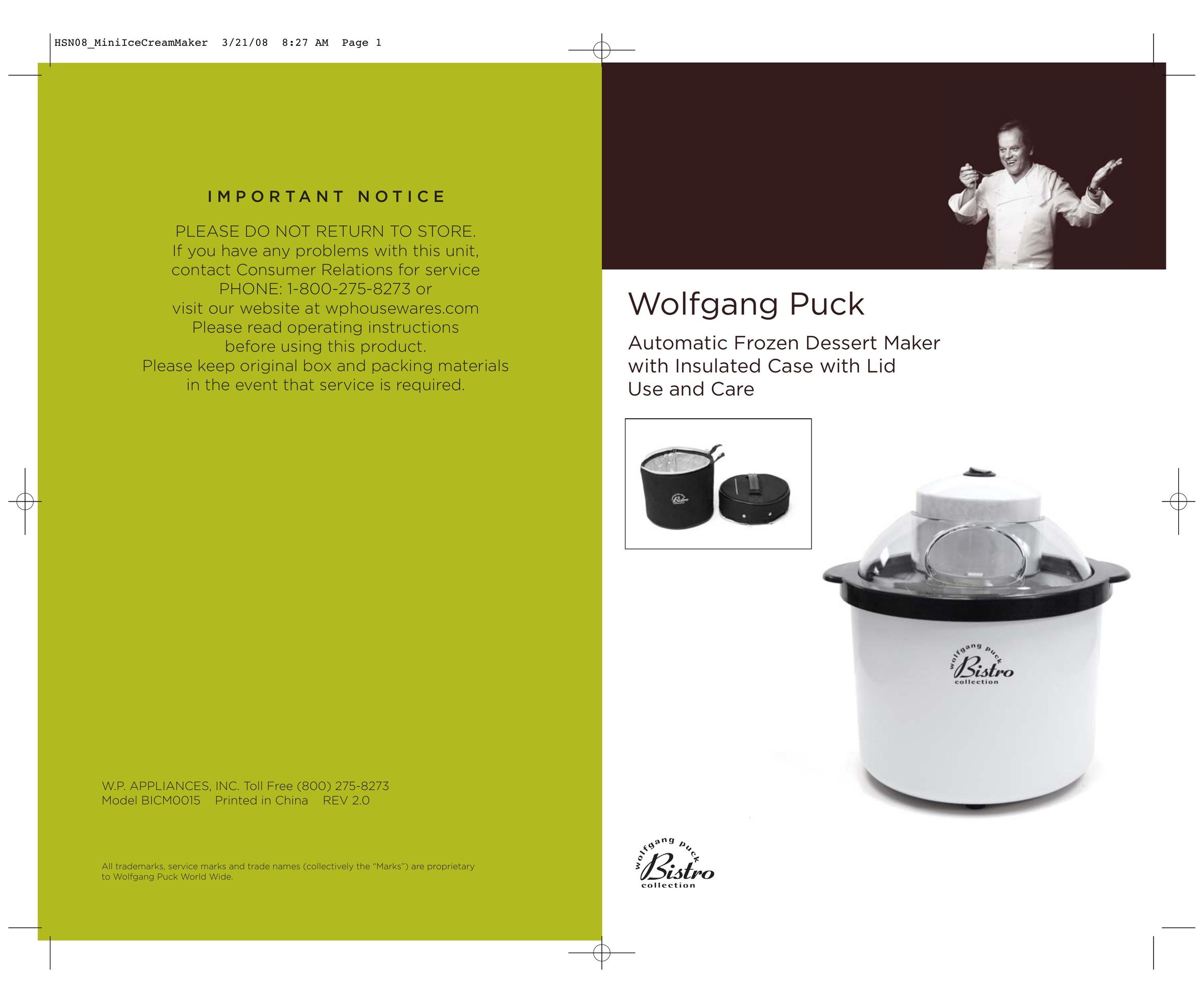 Wolfgang Puck BICM0015 Frozen Dessert Maker User Manual