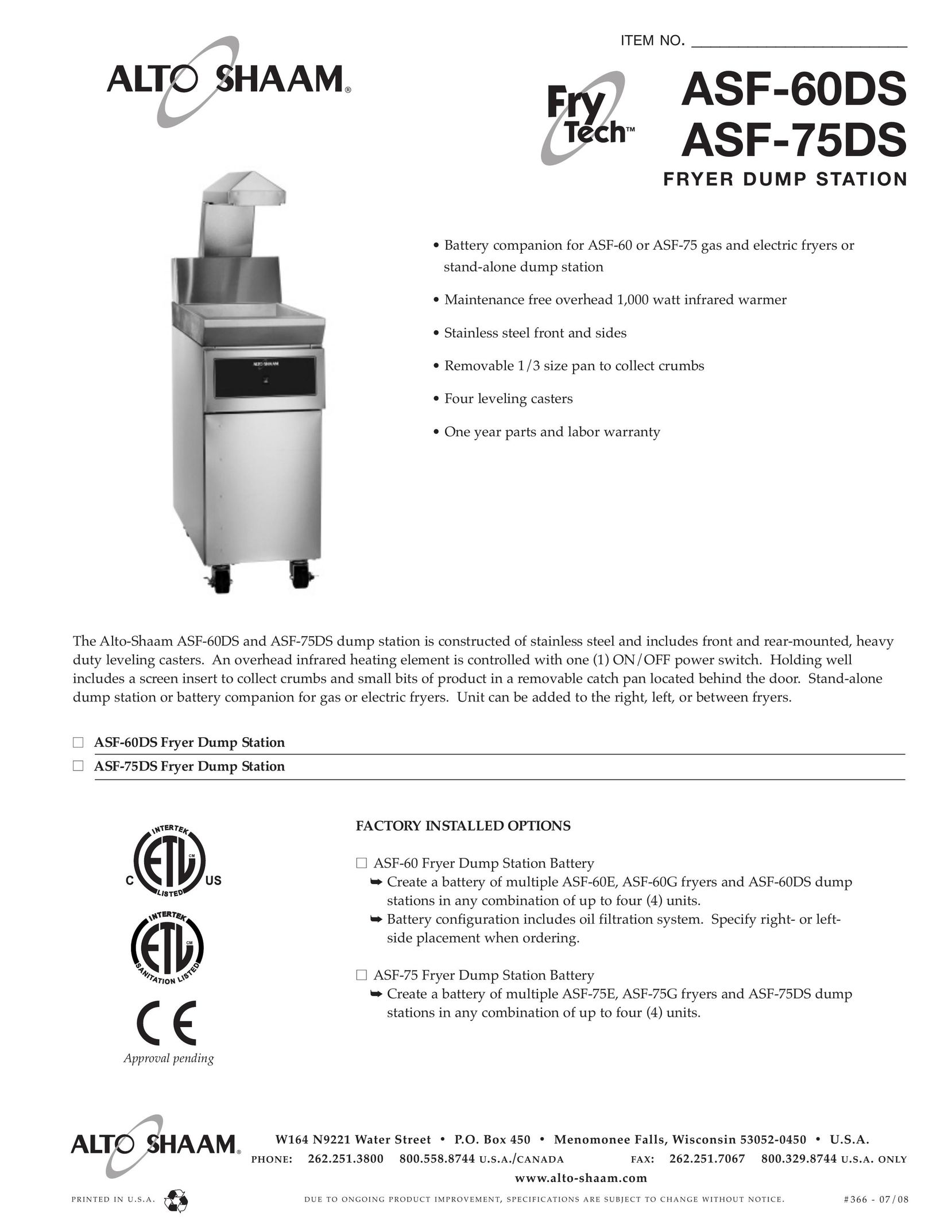 Alto-Shaam ASF-75DS Fryer User Manual