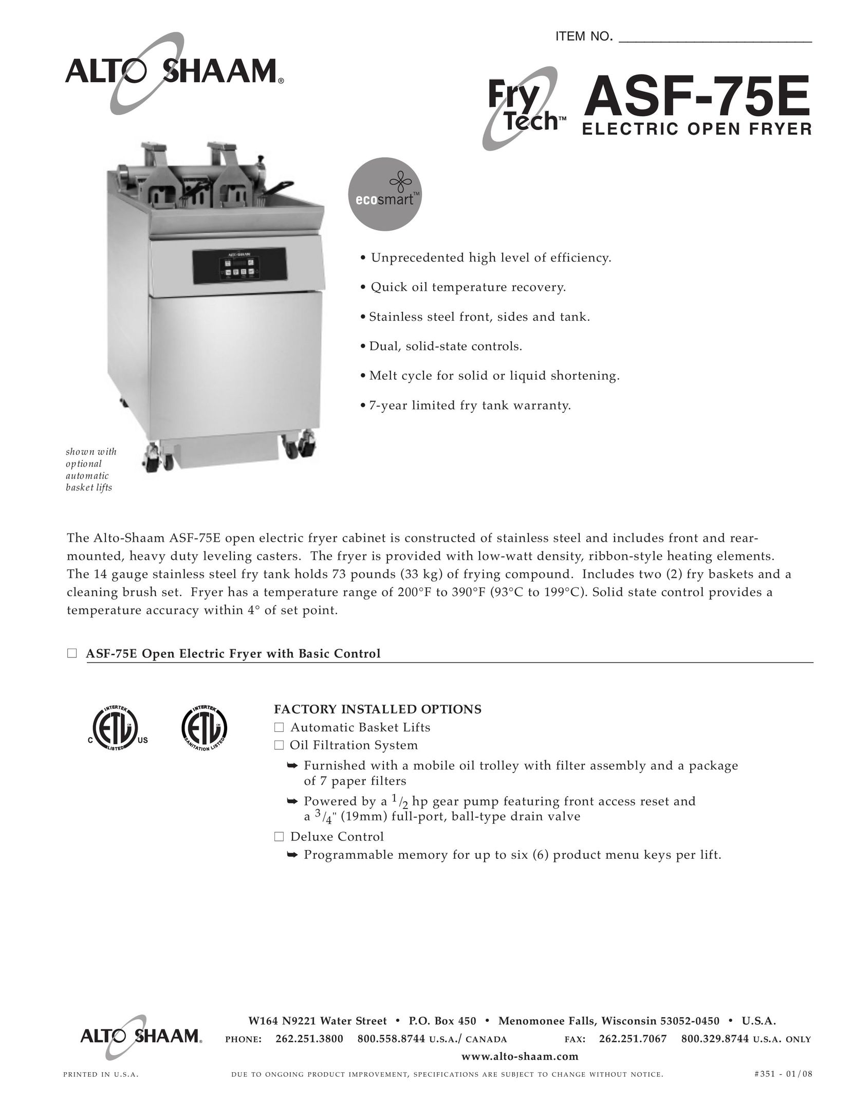 Alto-Shaam ASF-75E Fryer User Manual