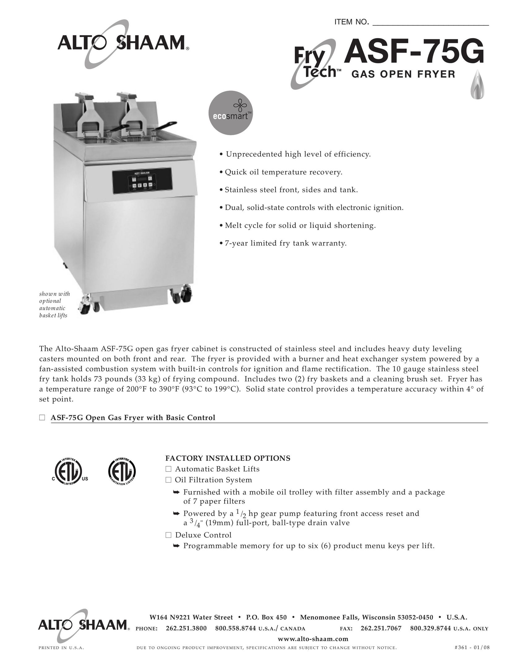 Alto-Shaam ASF-75G Fryer User Manual