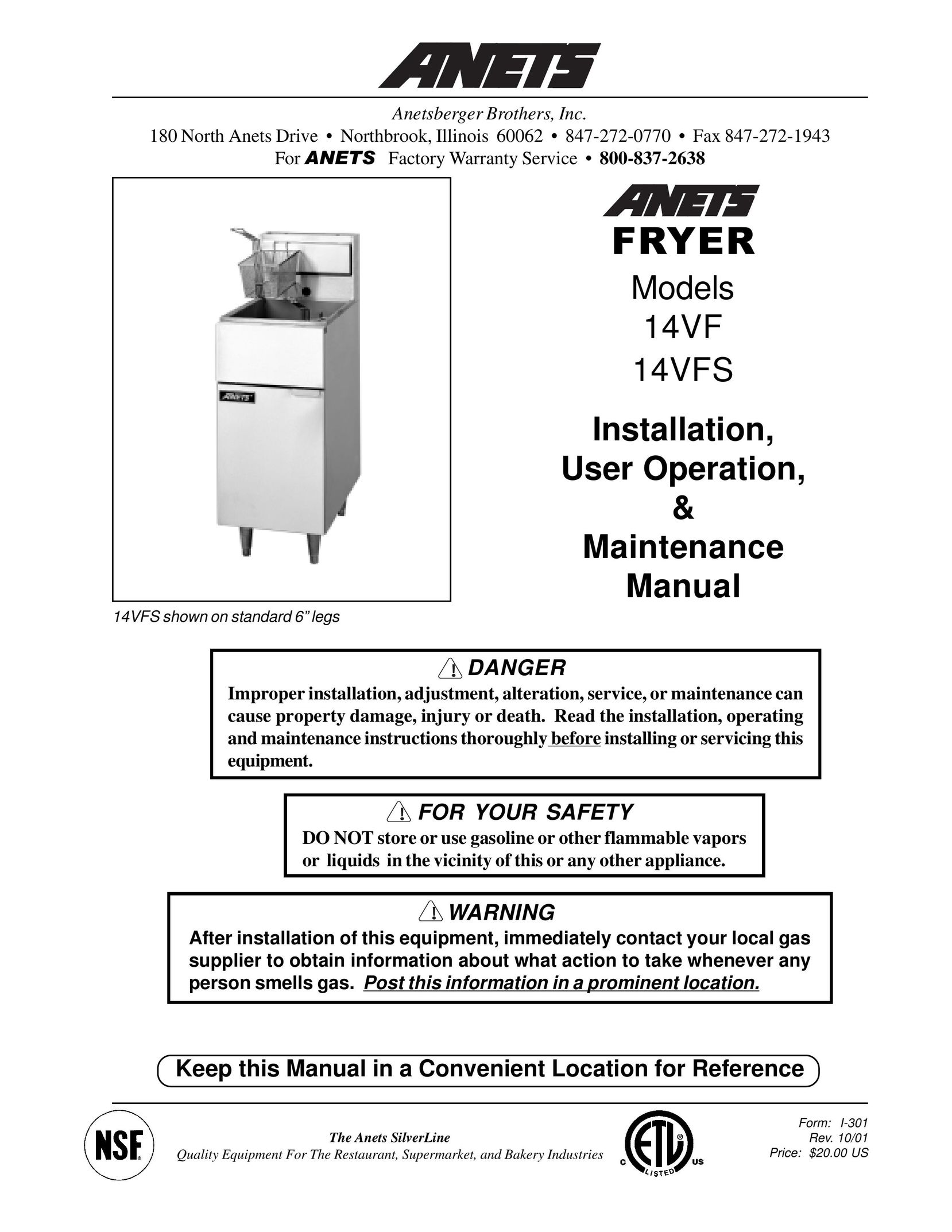 Anetsberger Brothers 14VFS Fryer User Manual