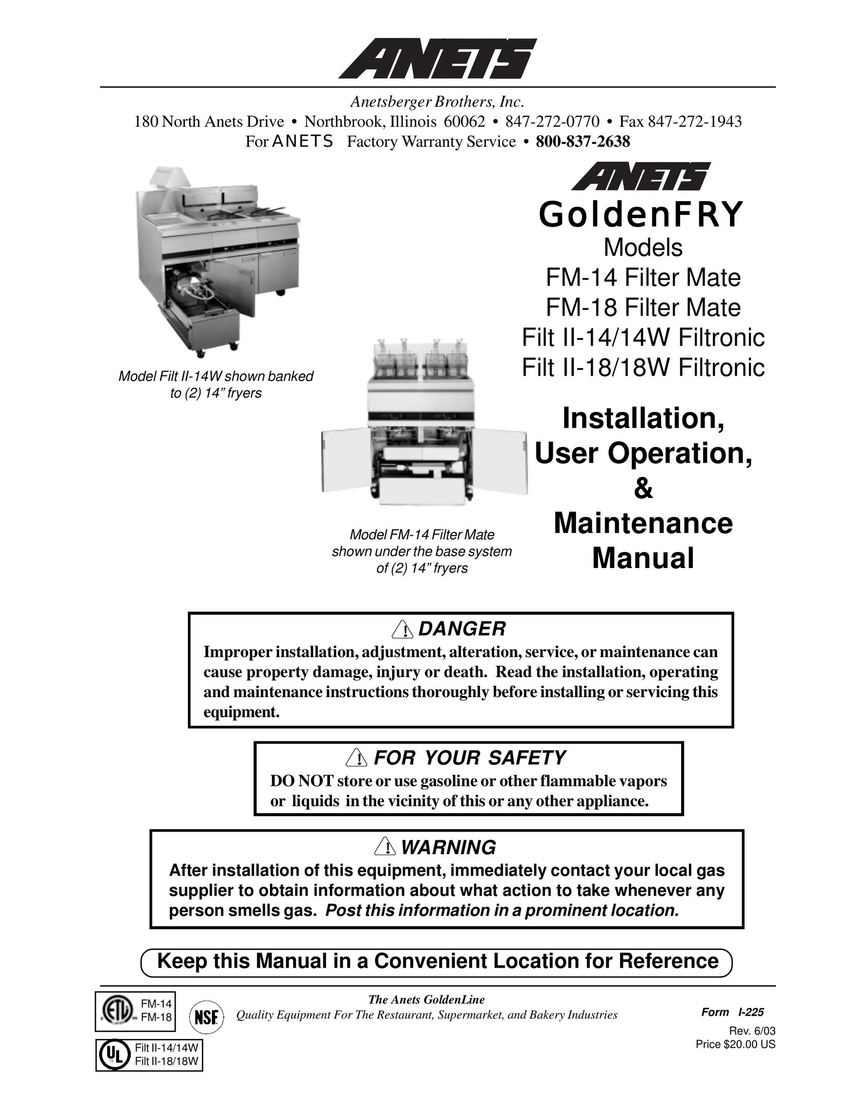 Anetsberger Brothers FM-14 Fryer User Manual