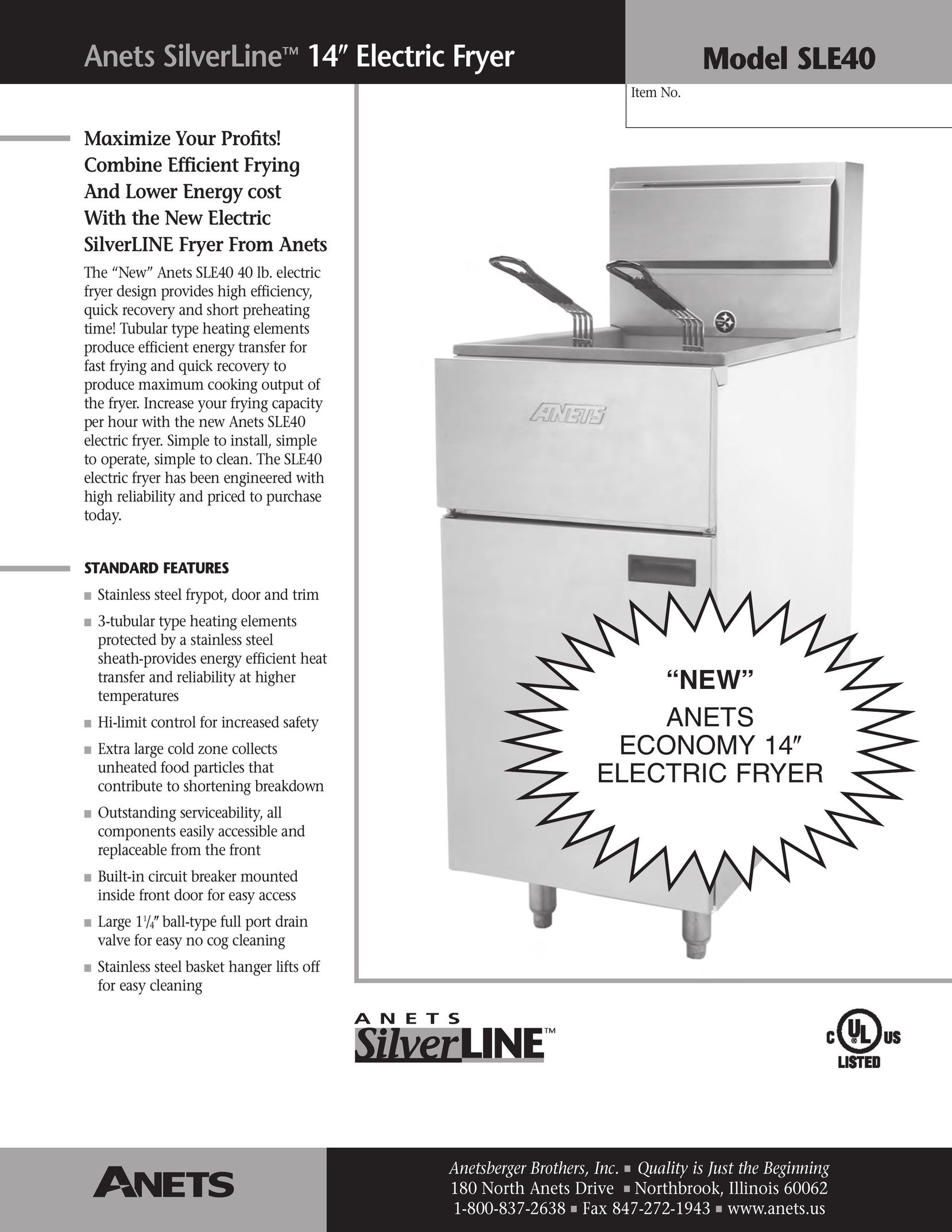Anetsberger Brothers SLE40 Fryer User Manual