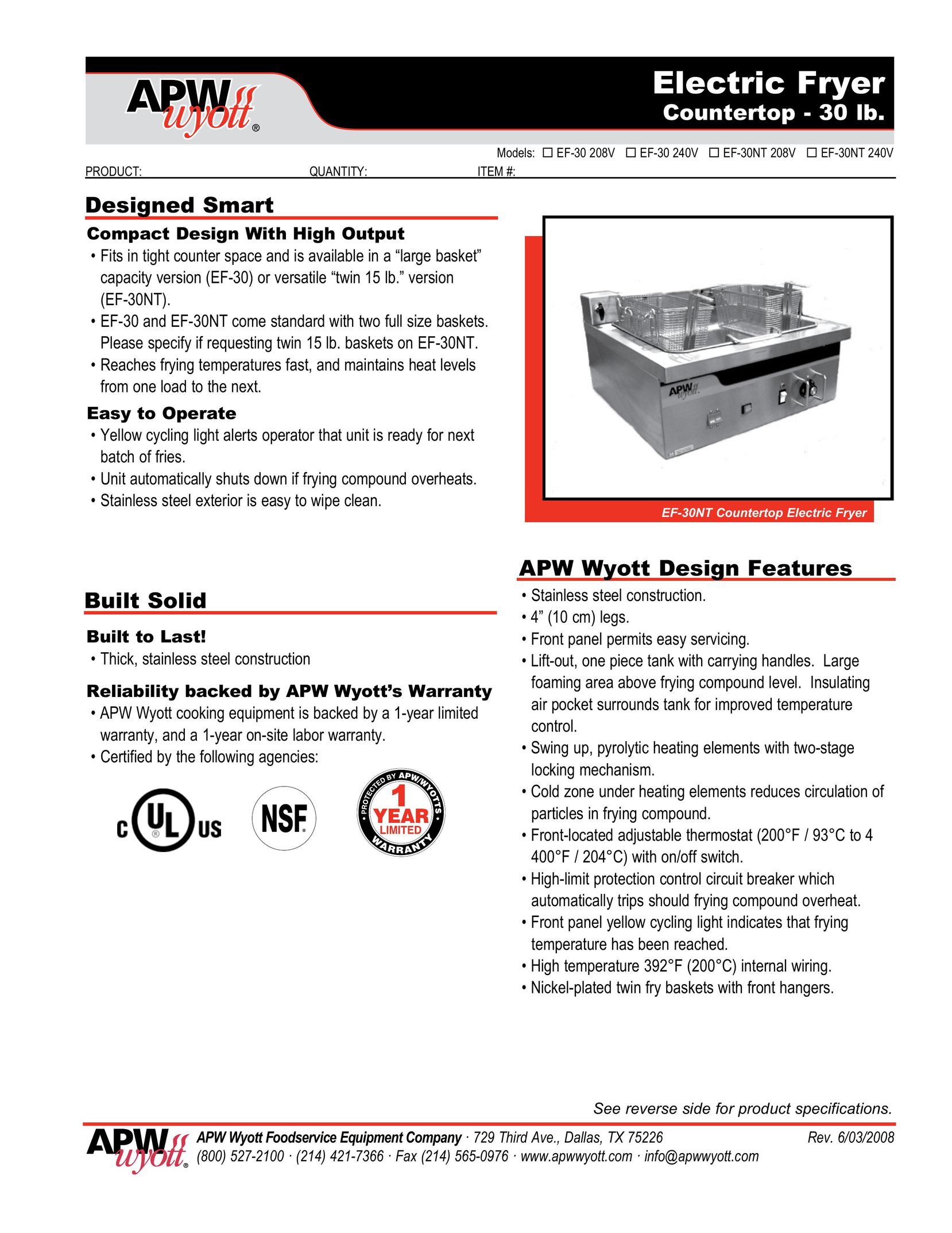 APW Wyott EF-30NT Fryer User Manual