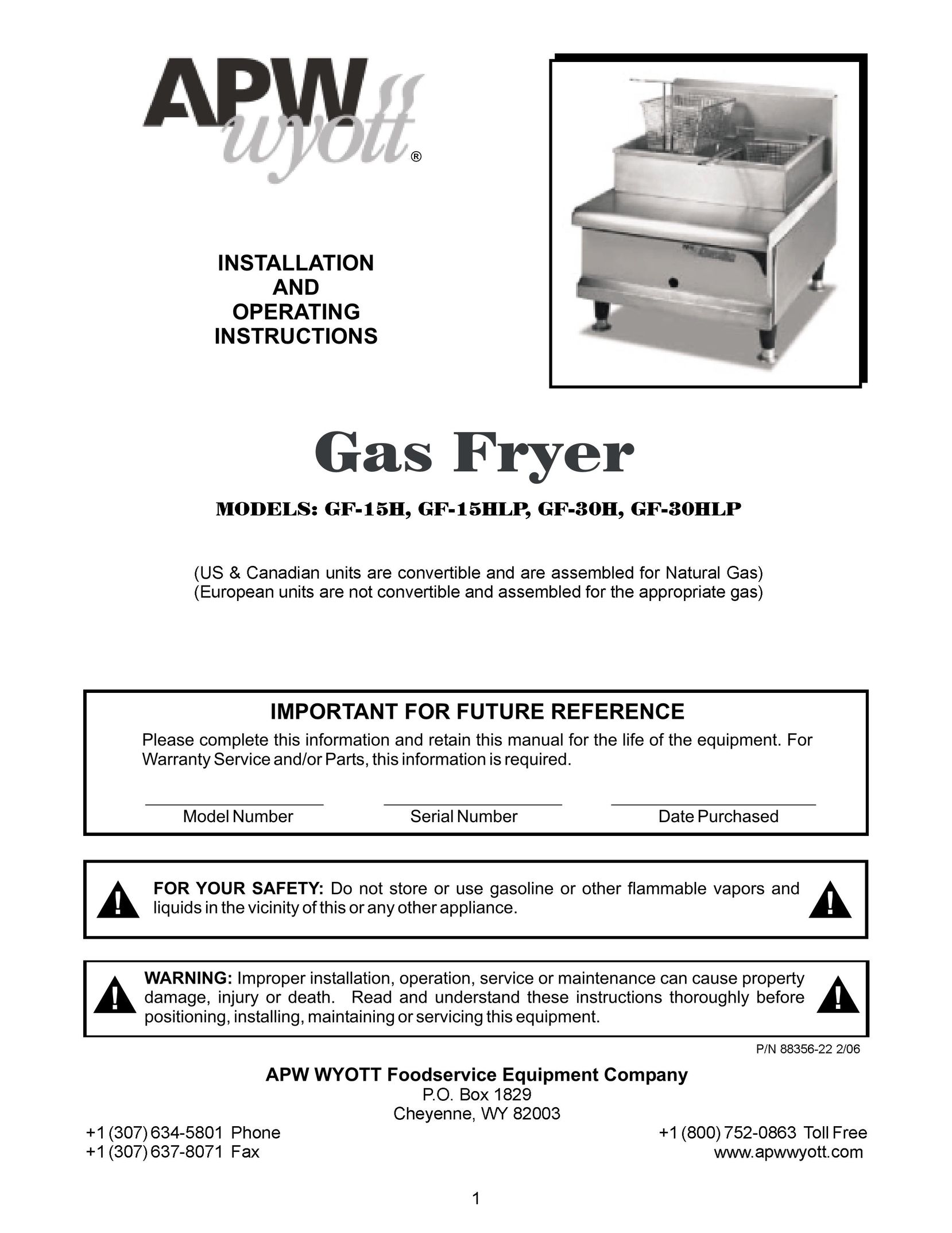 APW Wyott GF-15H Fryer User Manual