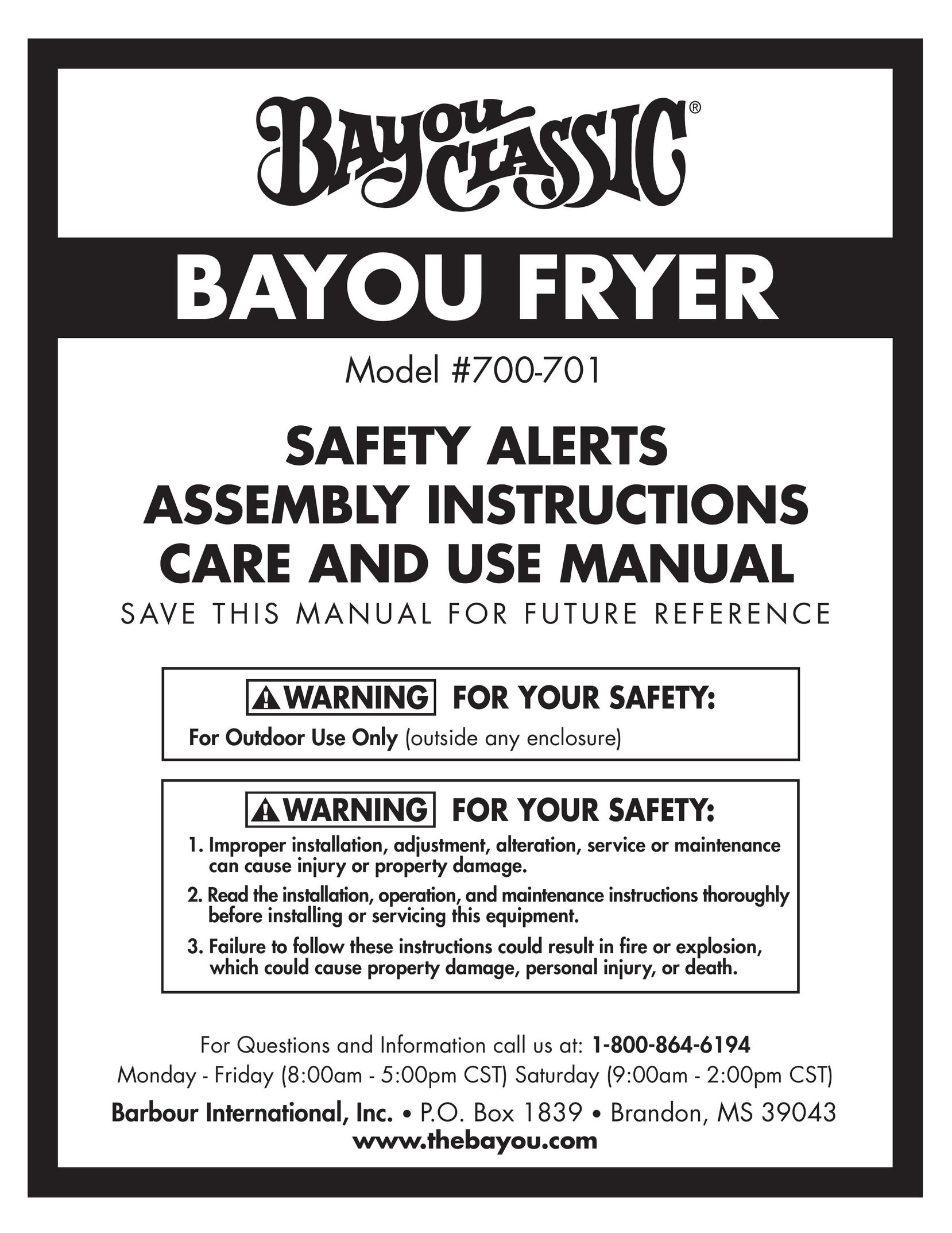 Bayou Classic 700-701 Fryer User Manual
