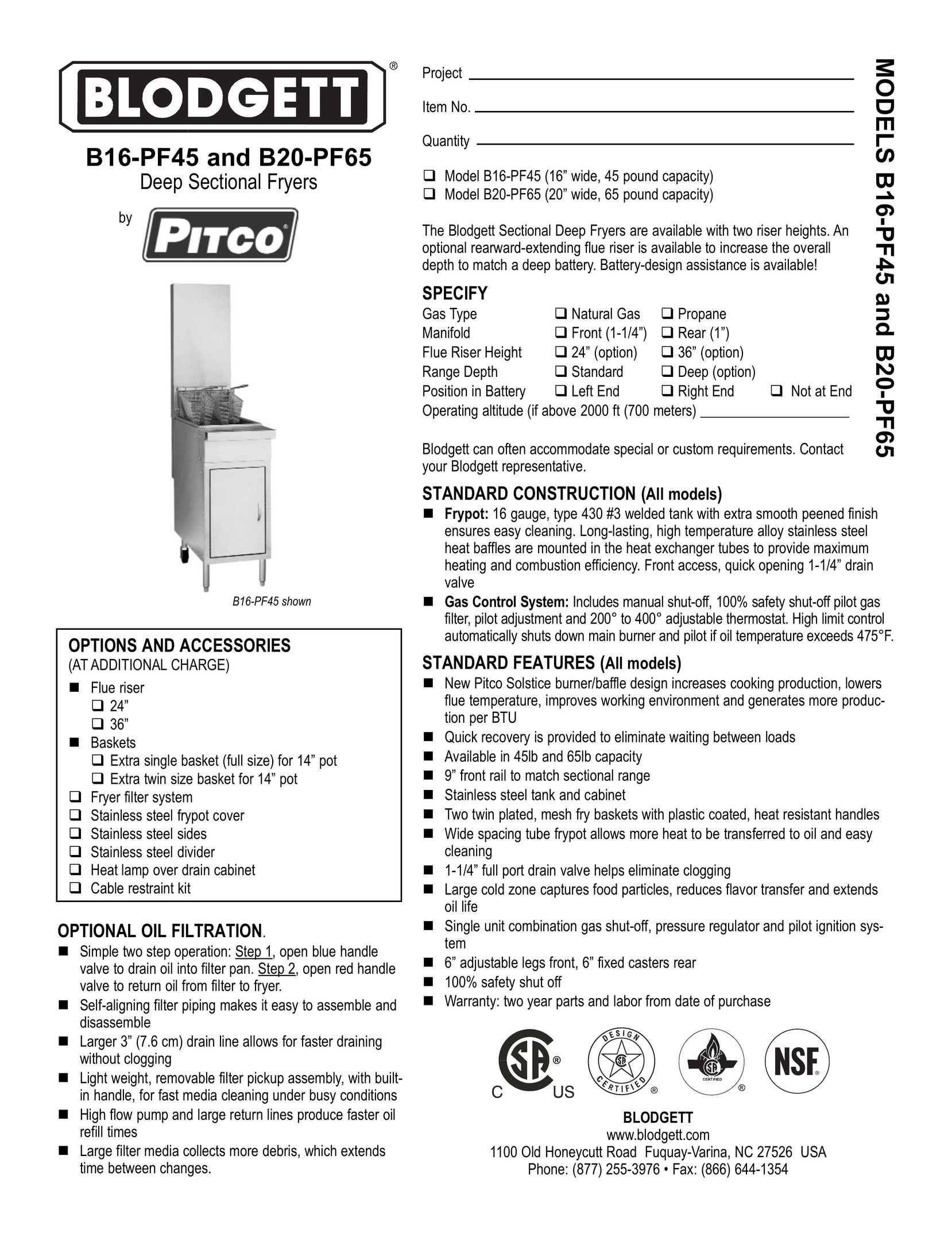 Blodgett B20-PF65 Fryer User Manual