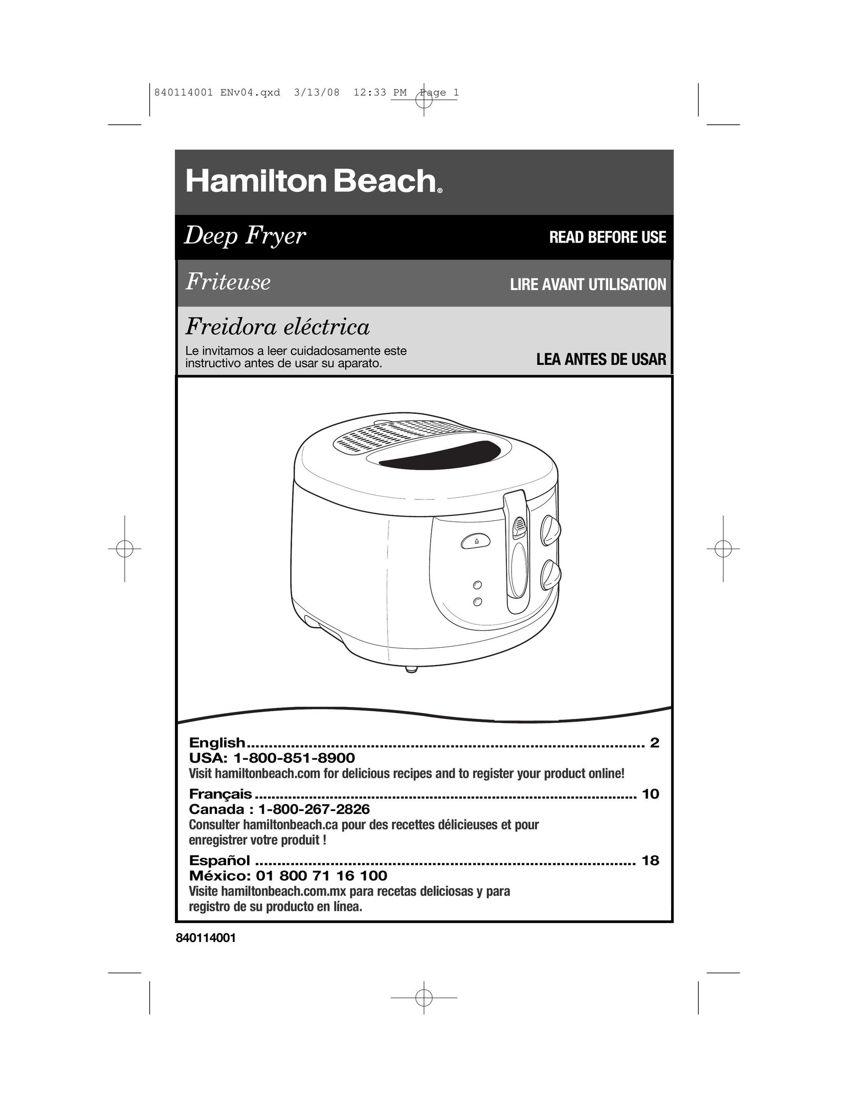 Hamilton Beach 840114001 Fryer User Manual
