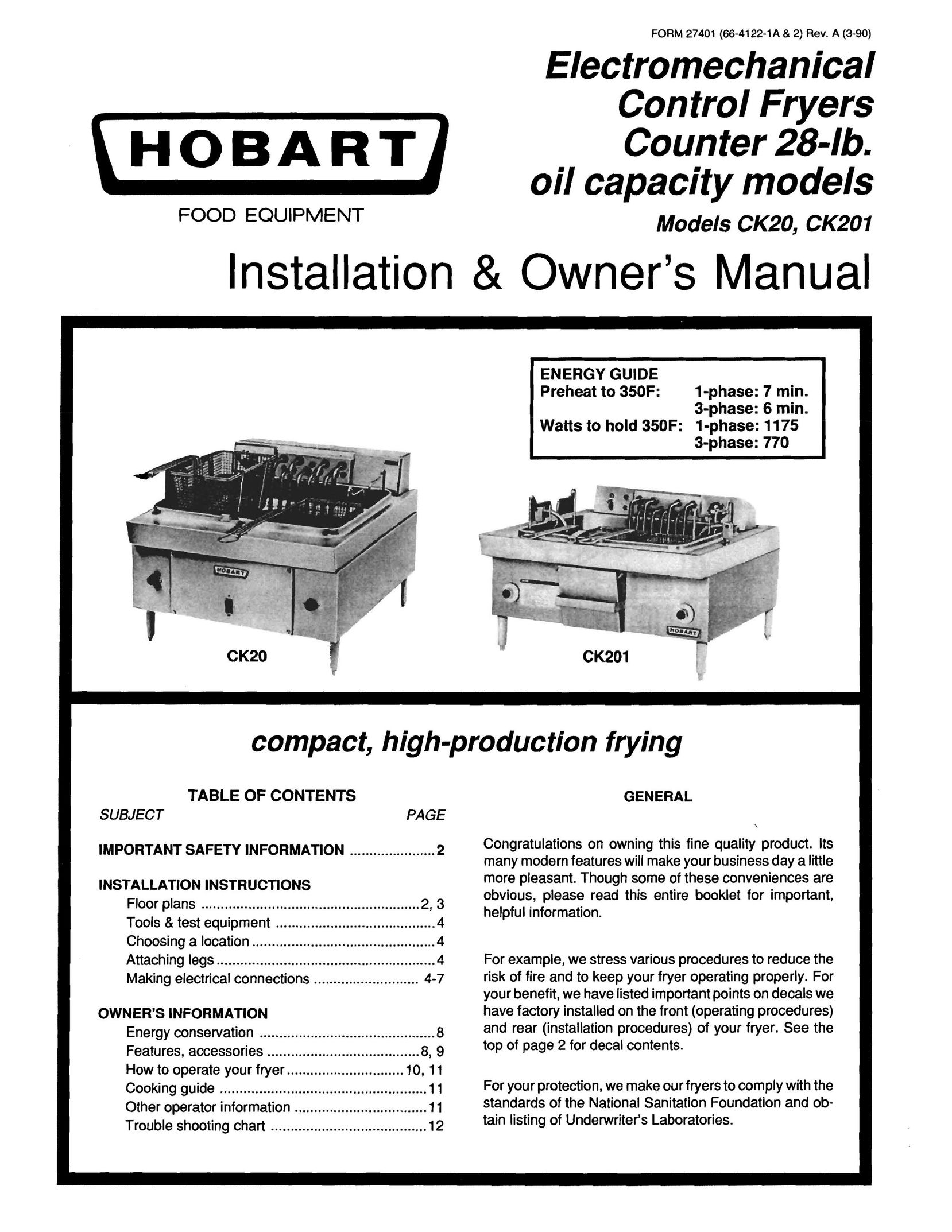 Hobart CK201 Fryer User Manual