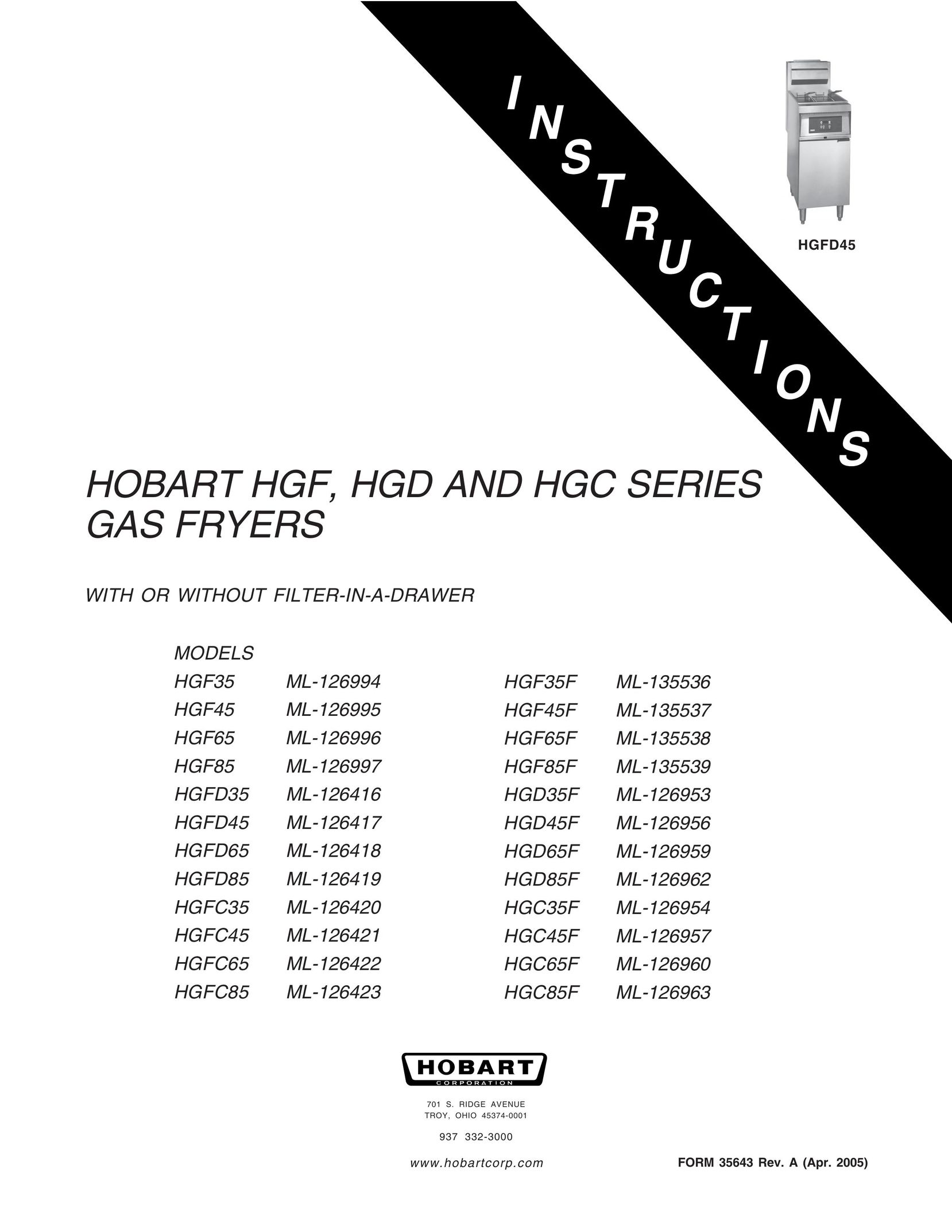 Hobart HGC35F ML-126954 Fryer User Manual
