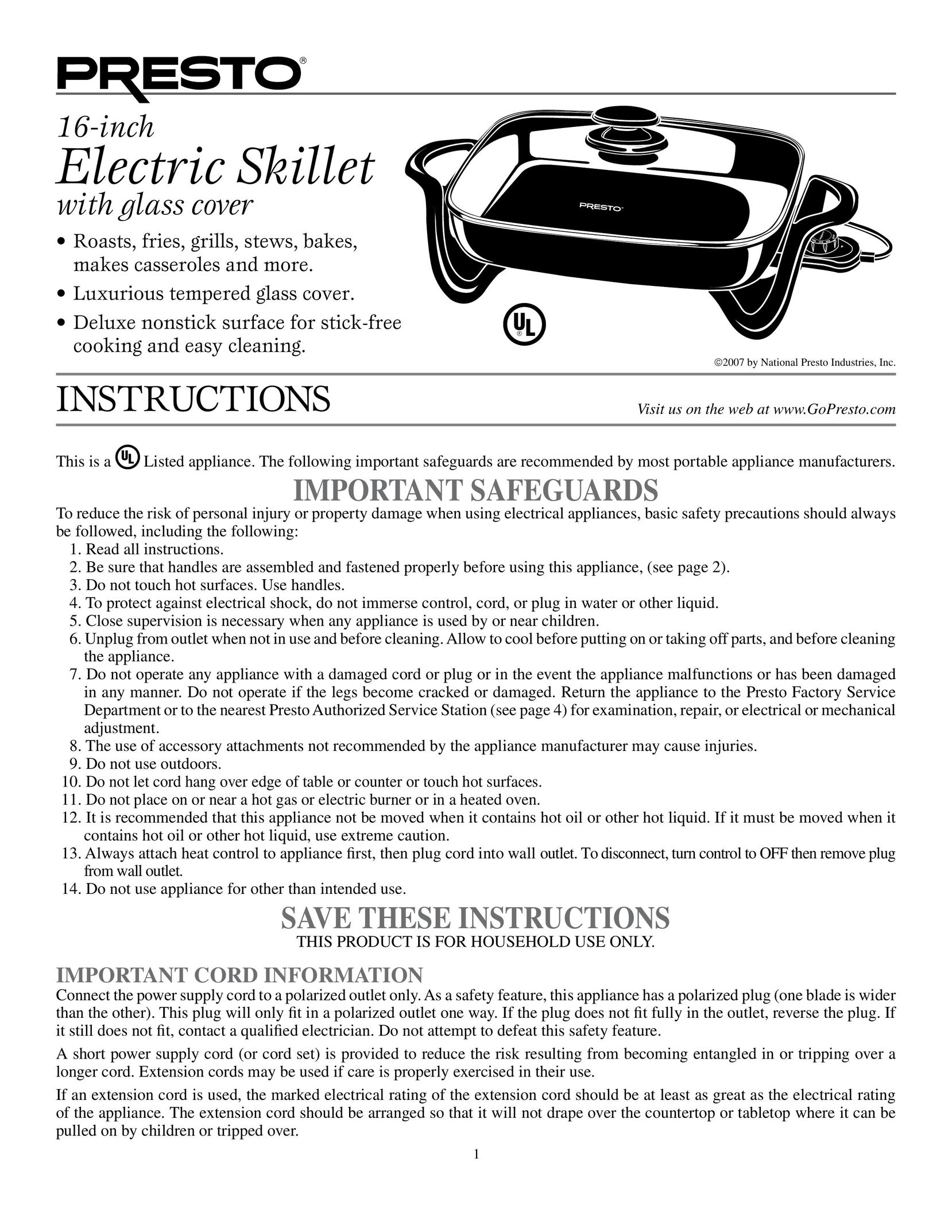 Presto 16-inch Electric Skillet Fryer User Manual