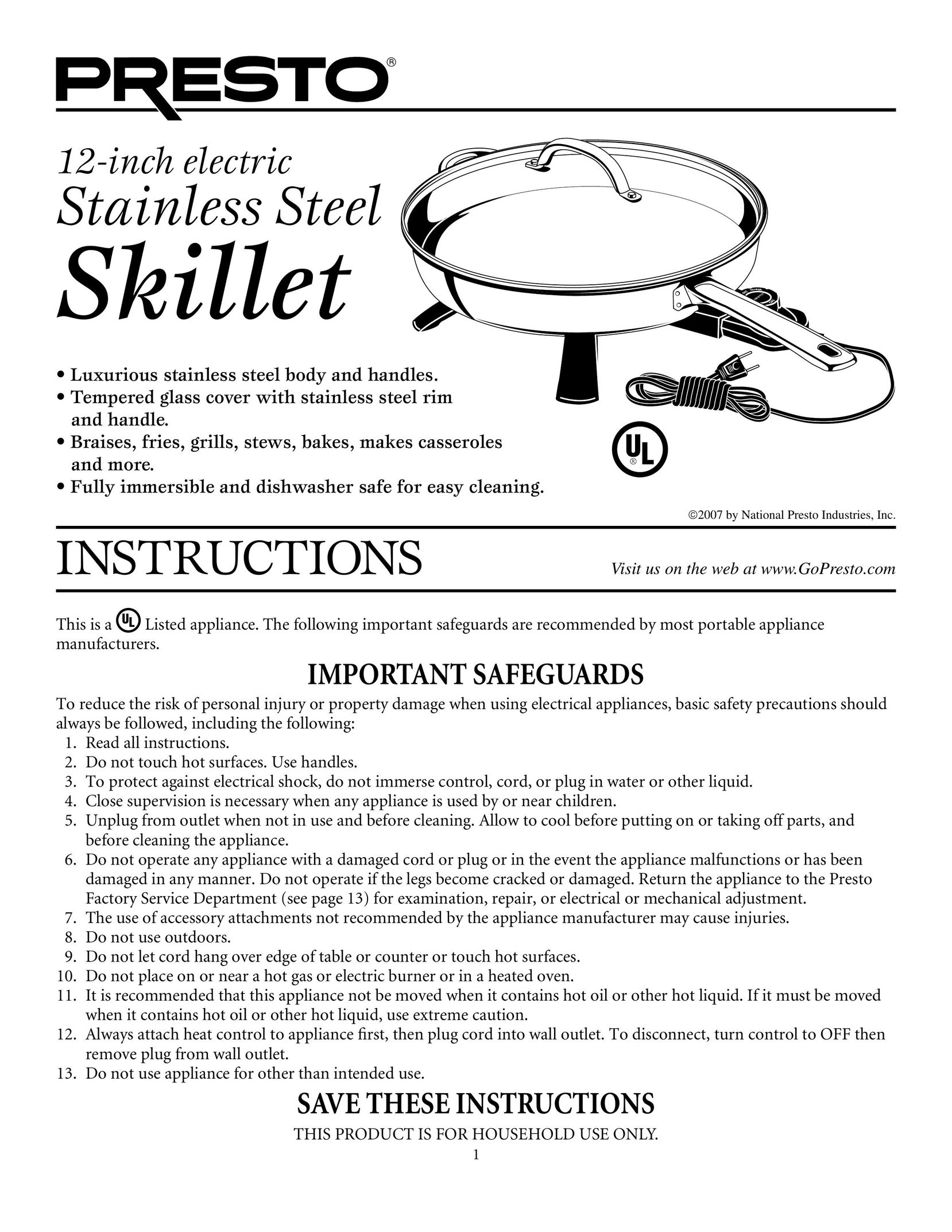 Presto electric Stainless Steel Skillet Fryer User Manual