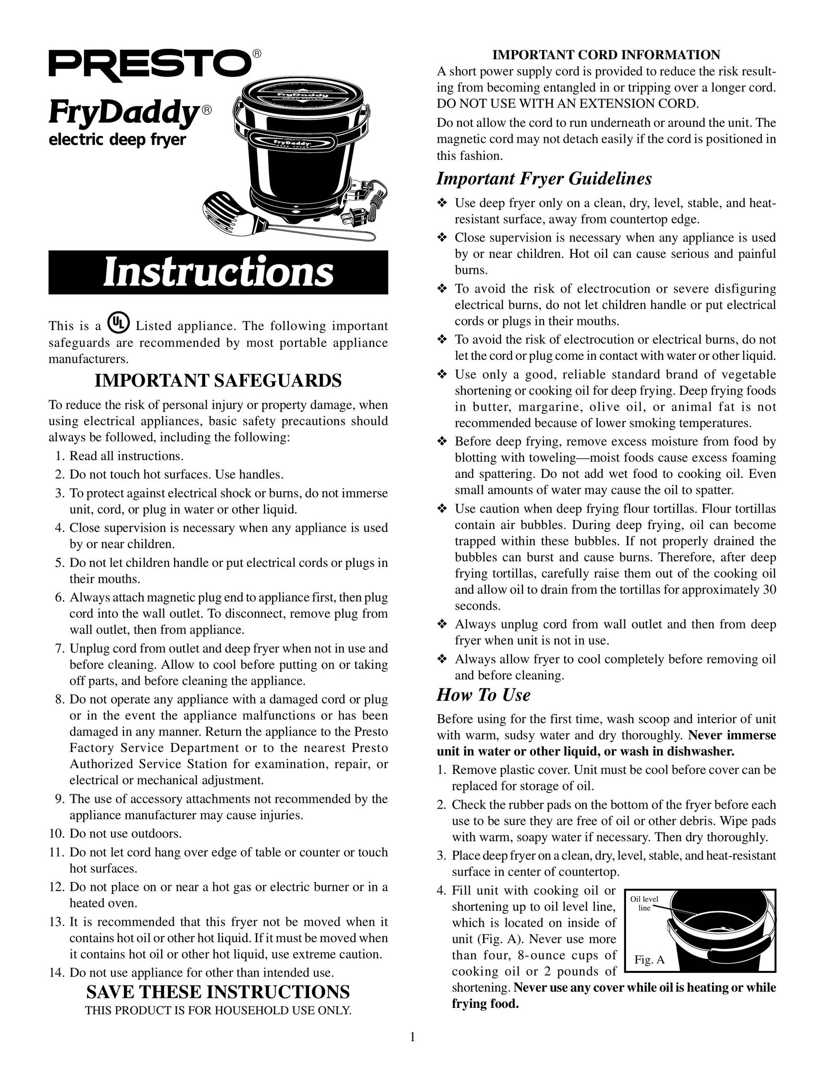 Presto FryDaddy electric deep fryer Fryer User Manual
