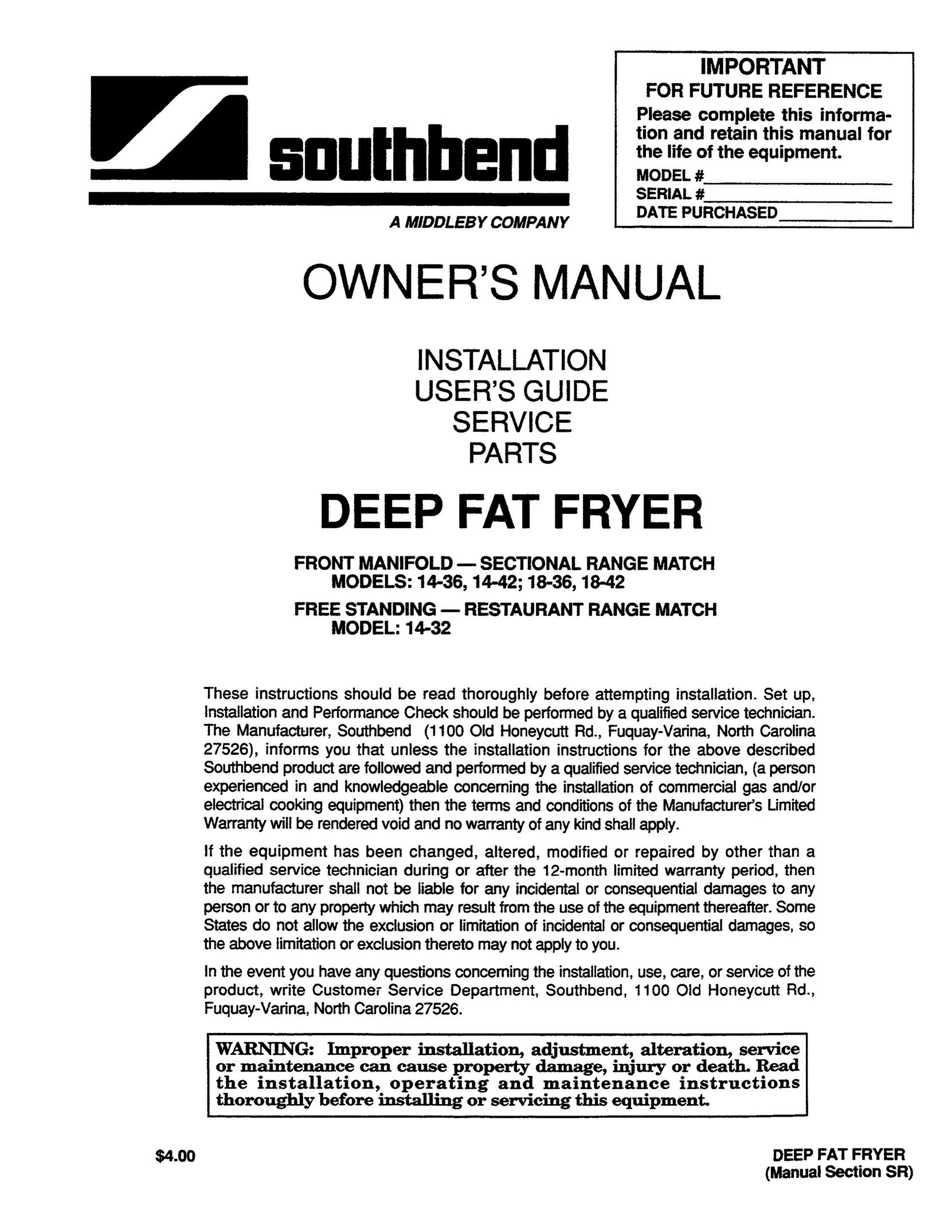 Southbend 14-32 Fryer User Manual