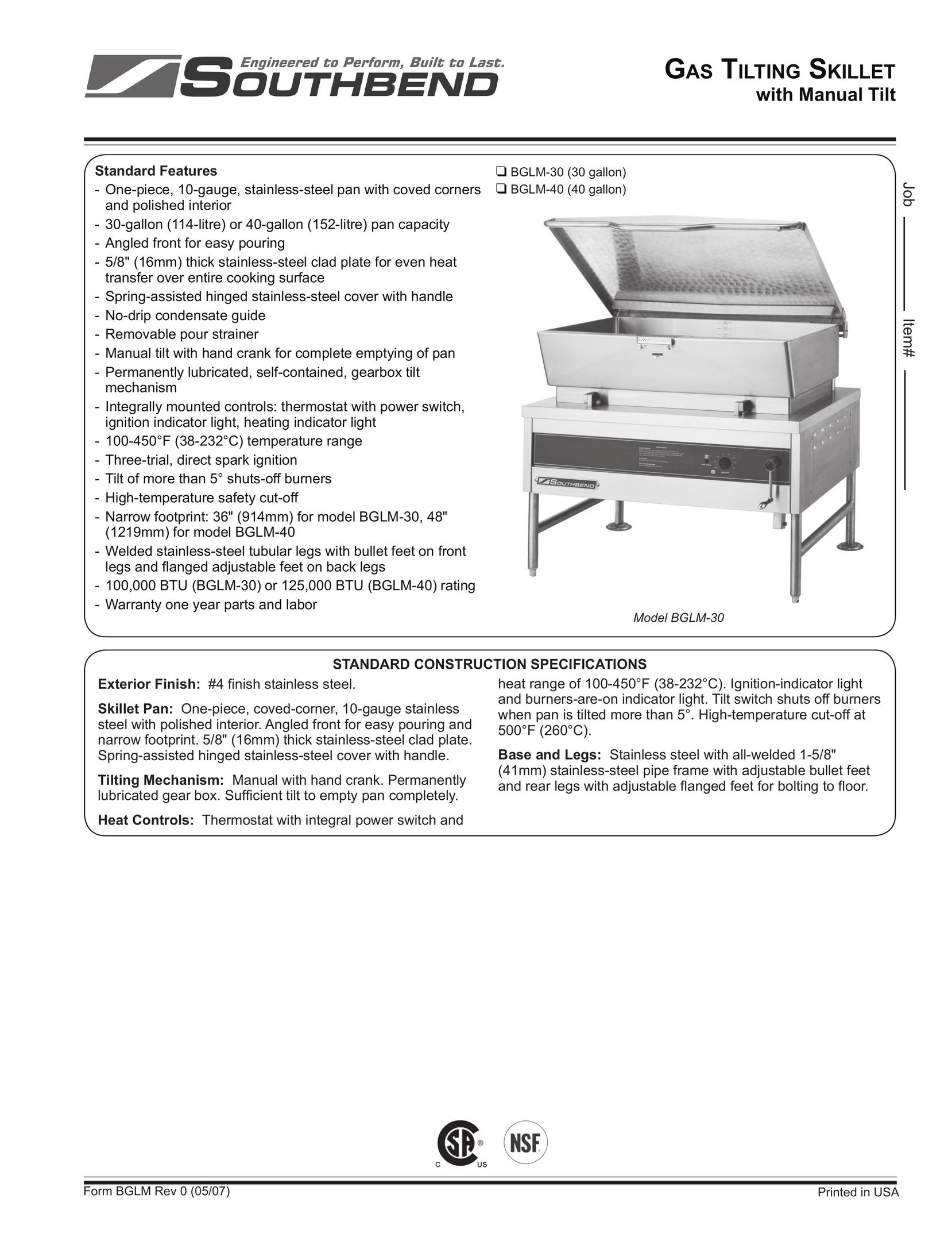 Southbend BGLM-30 Fryer User Manual