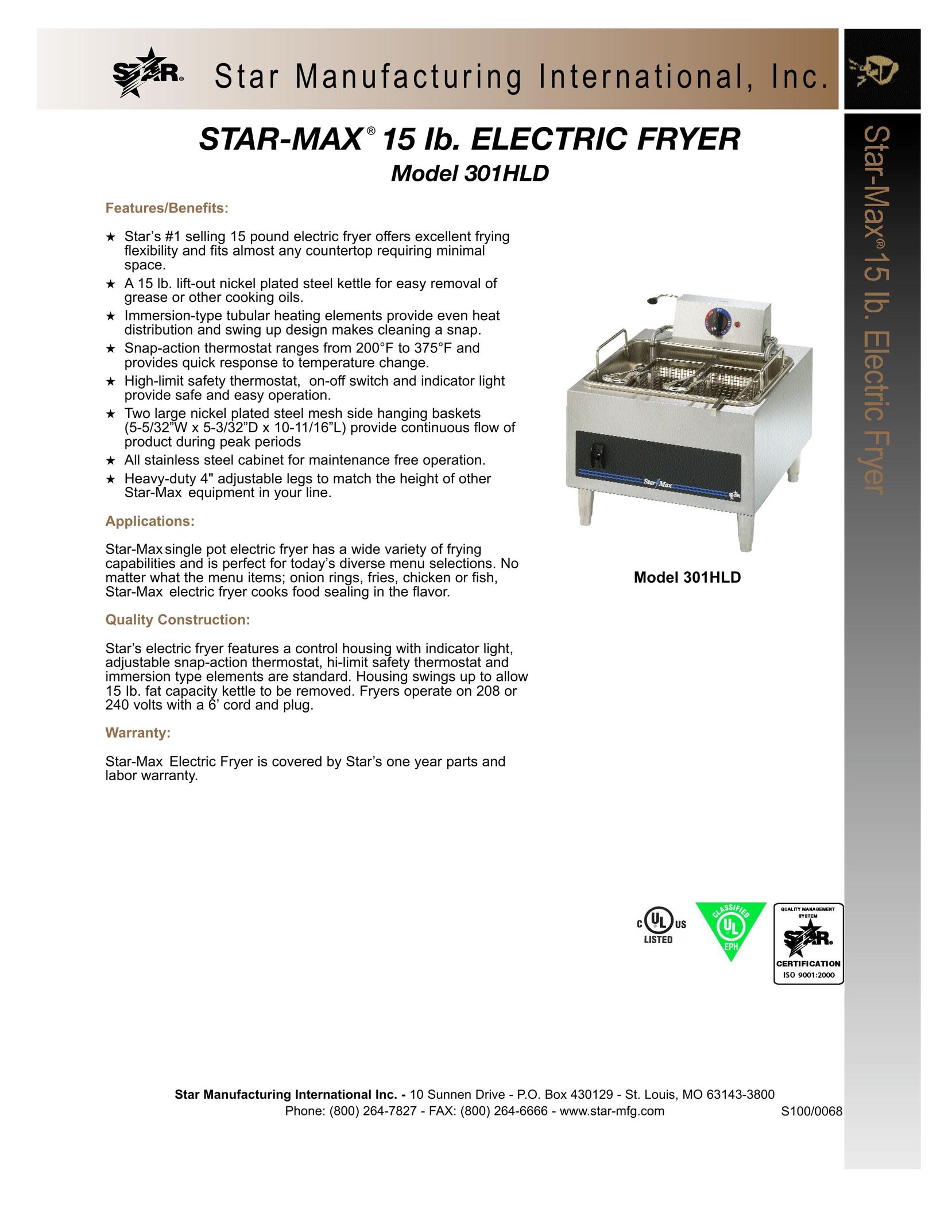 Star Manufacturing 301HLD Fryer User Manual