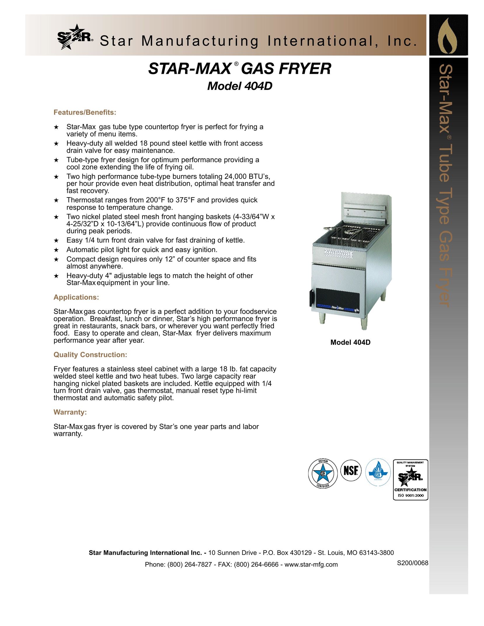 Star Manufacturing 404D Fryer User Manual