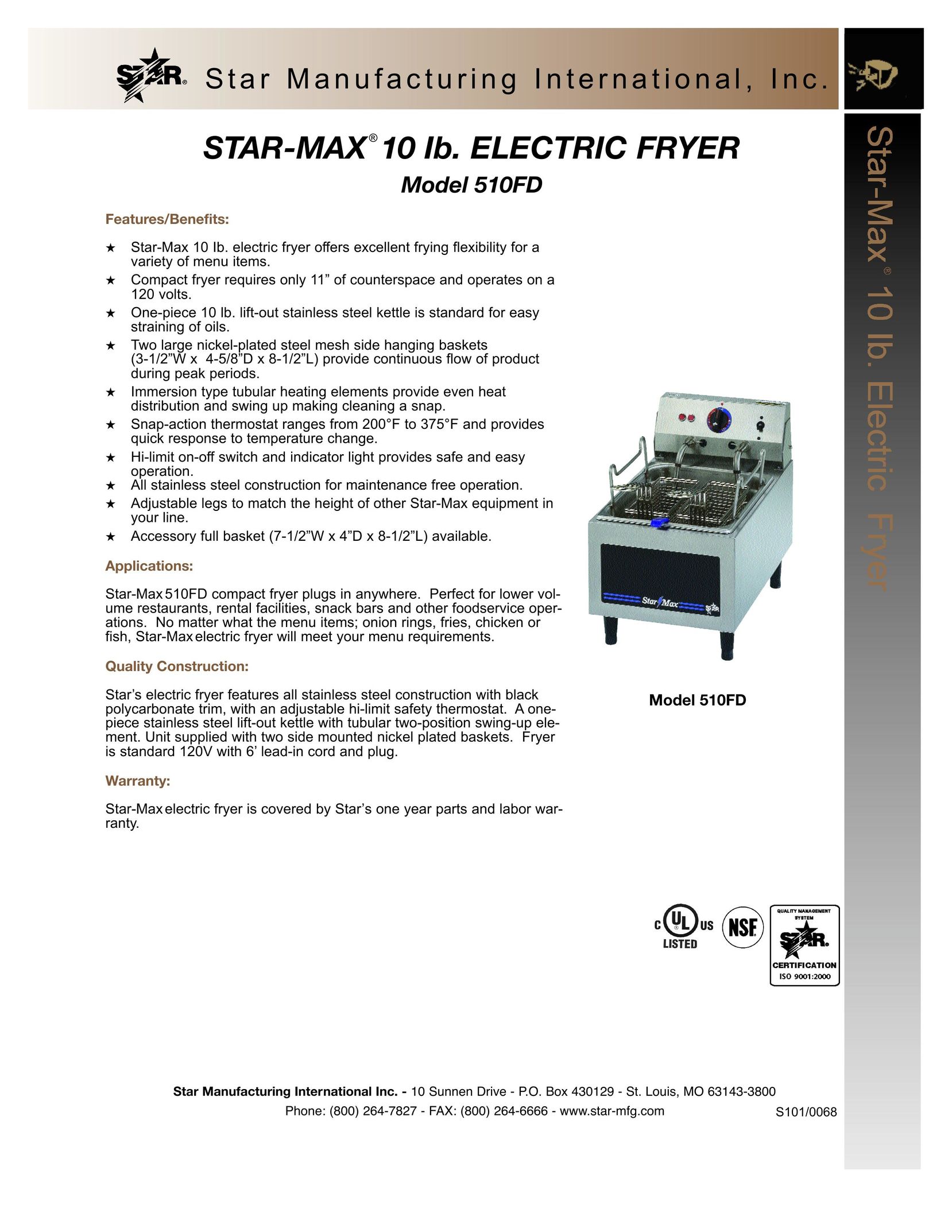 Star Manufacturing 510FD Fryer User Manual