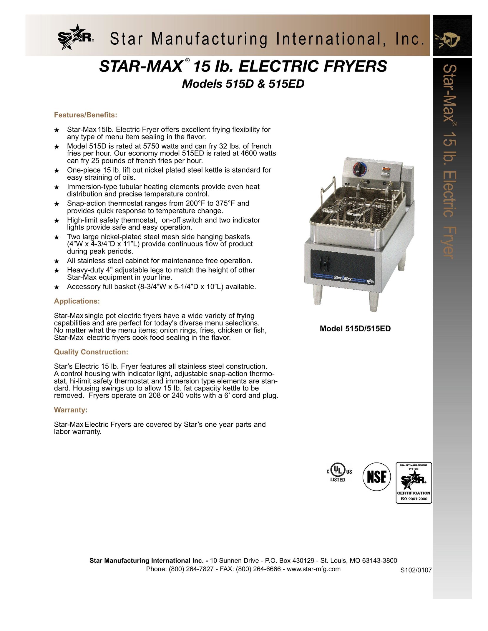 Star Manufacturing 515D Fryer User Manual