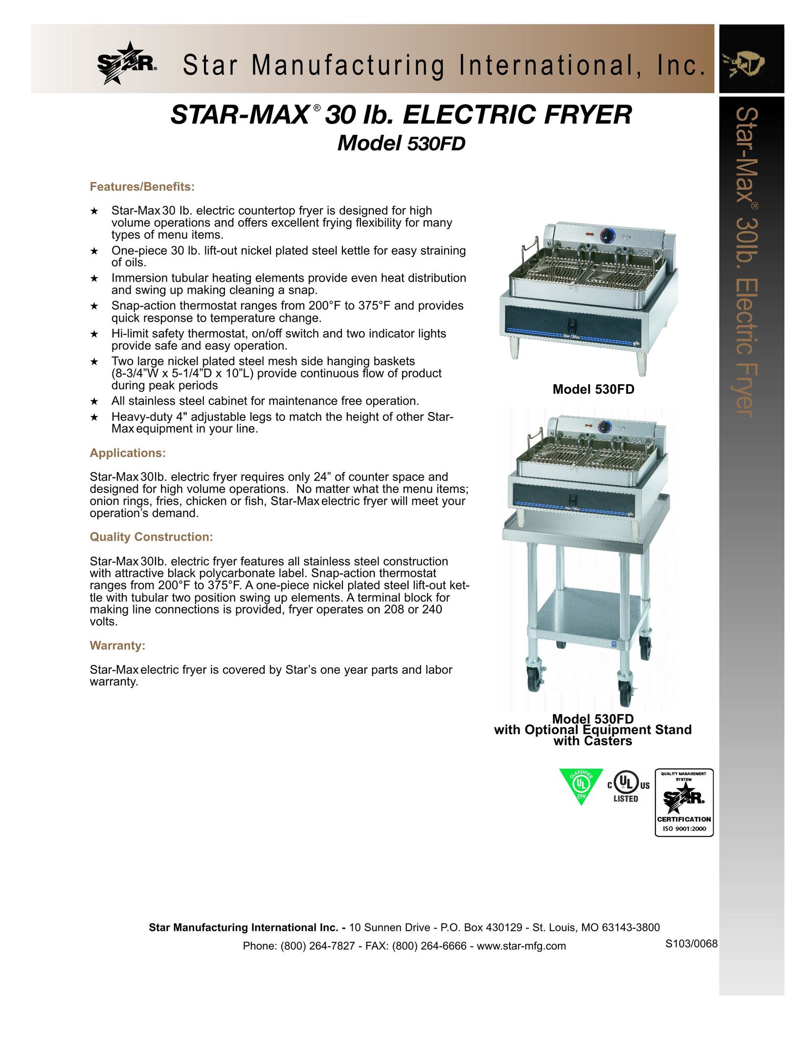 Star Manufacturing 530FD Fryer User Manual