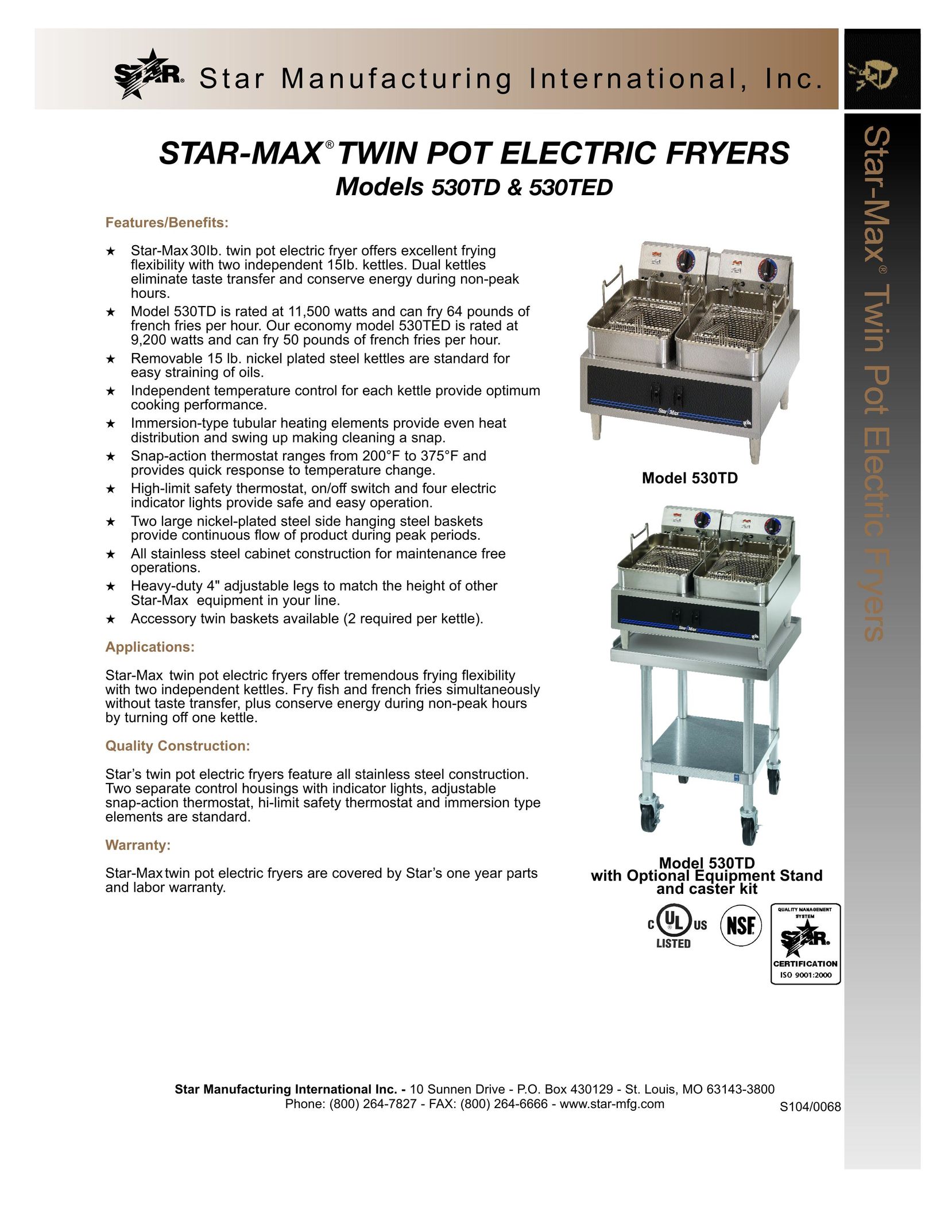 Star Manufacturing 530TED Fryer User Manual
