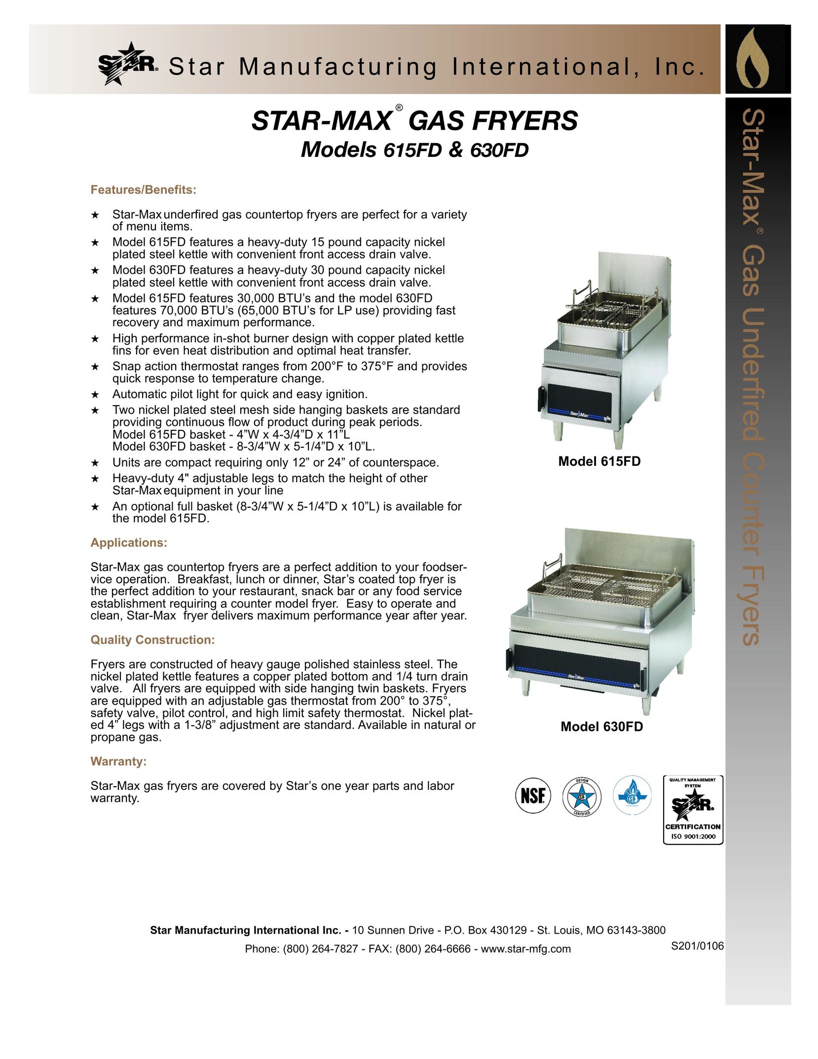 Star Manufacturing 630FD Fryer User Manual