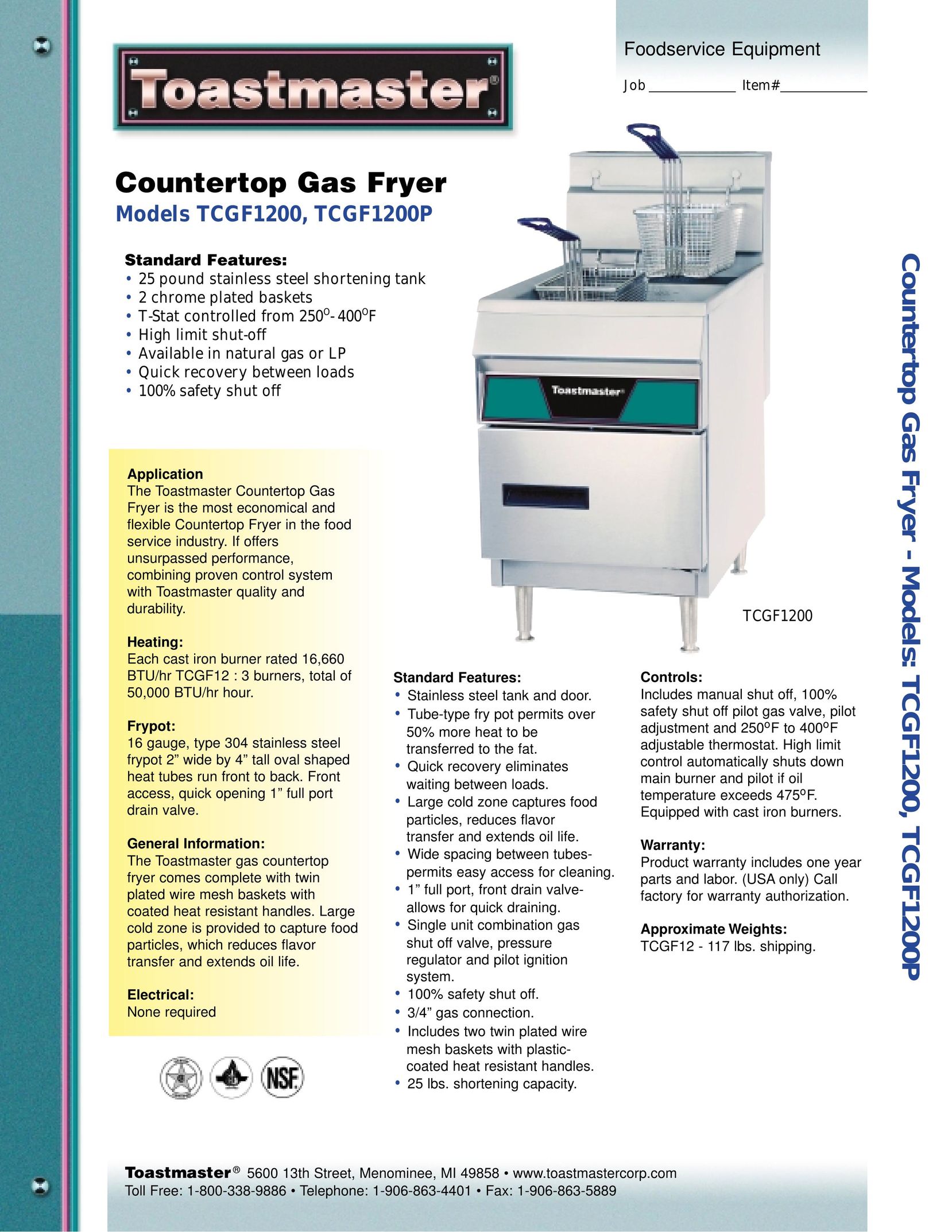 Toastmaster TCGF1200 Fryer User Manual