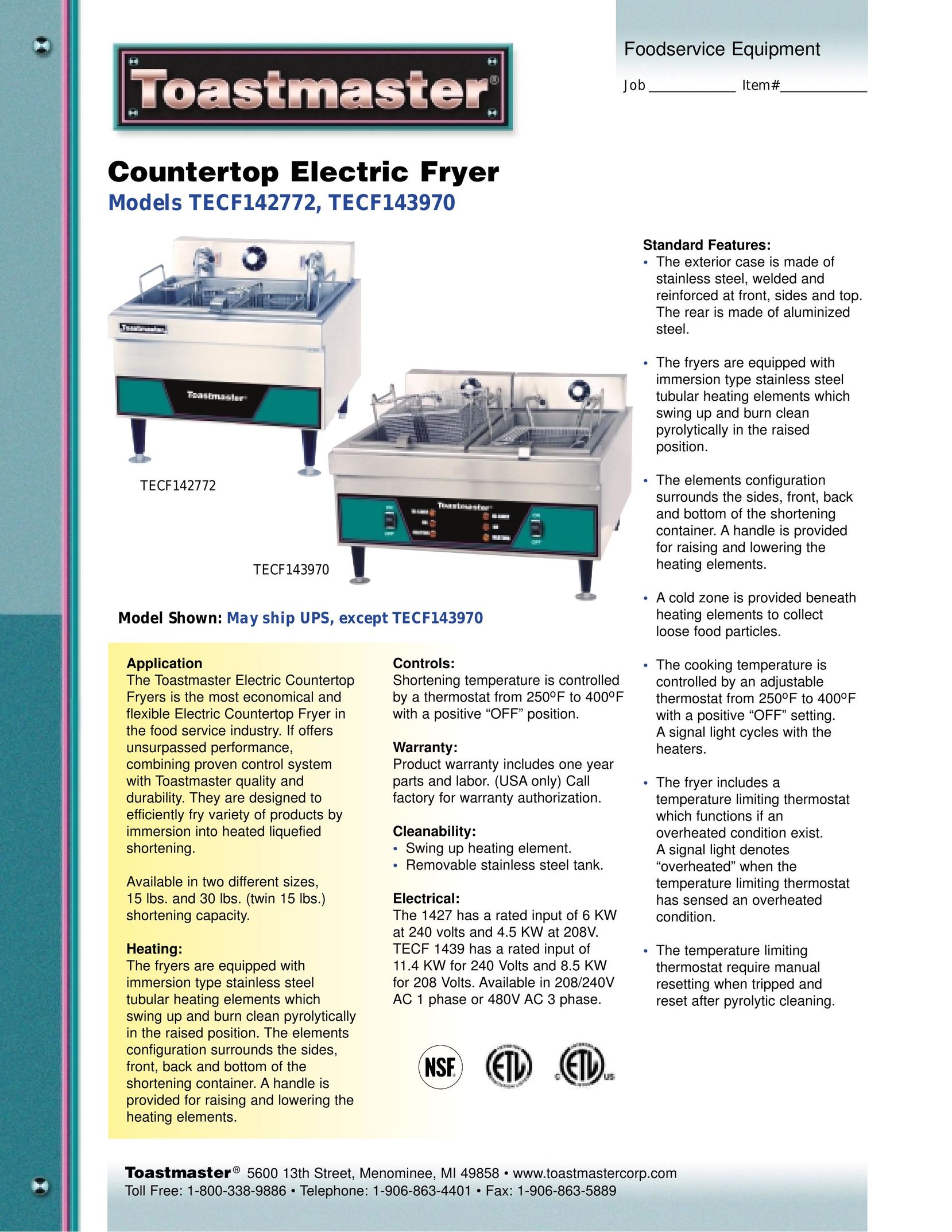 Toastmaster TECF143970 Fryer User Manual