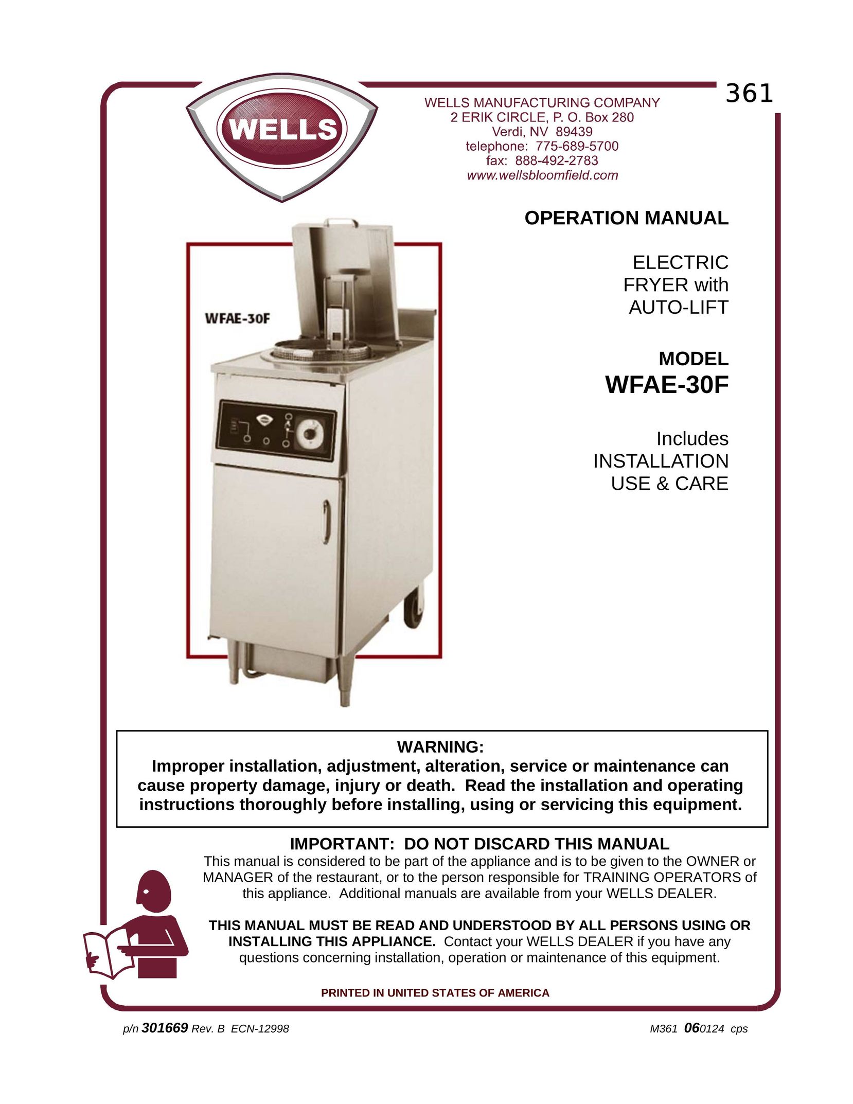 Wells WFAE-30F Fryer User Manual