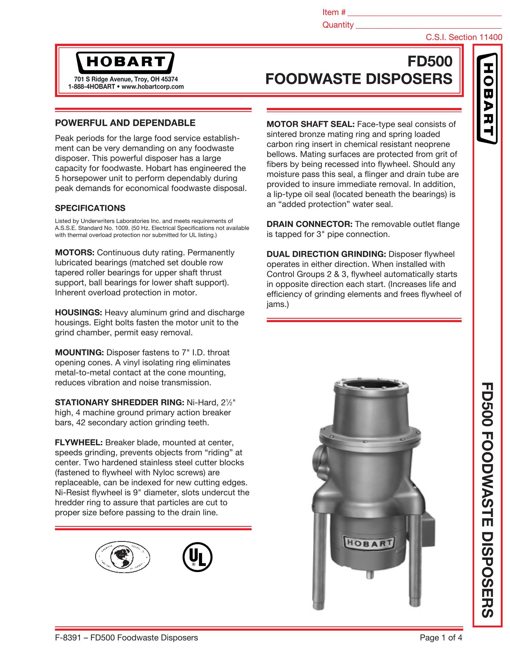 Hobart FD500 Garbage Disposal User Manual