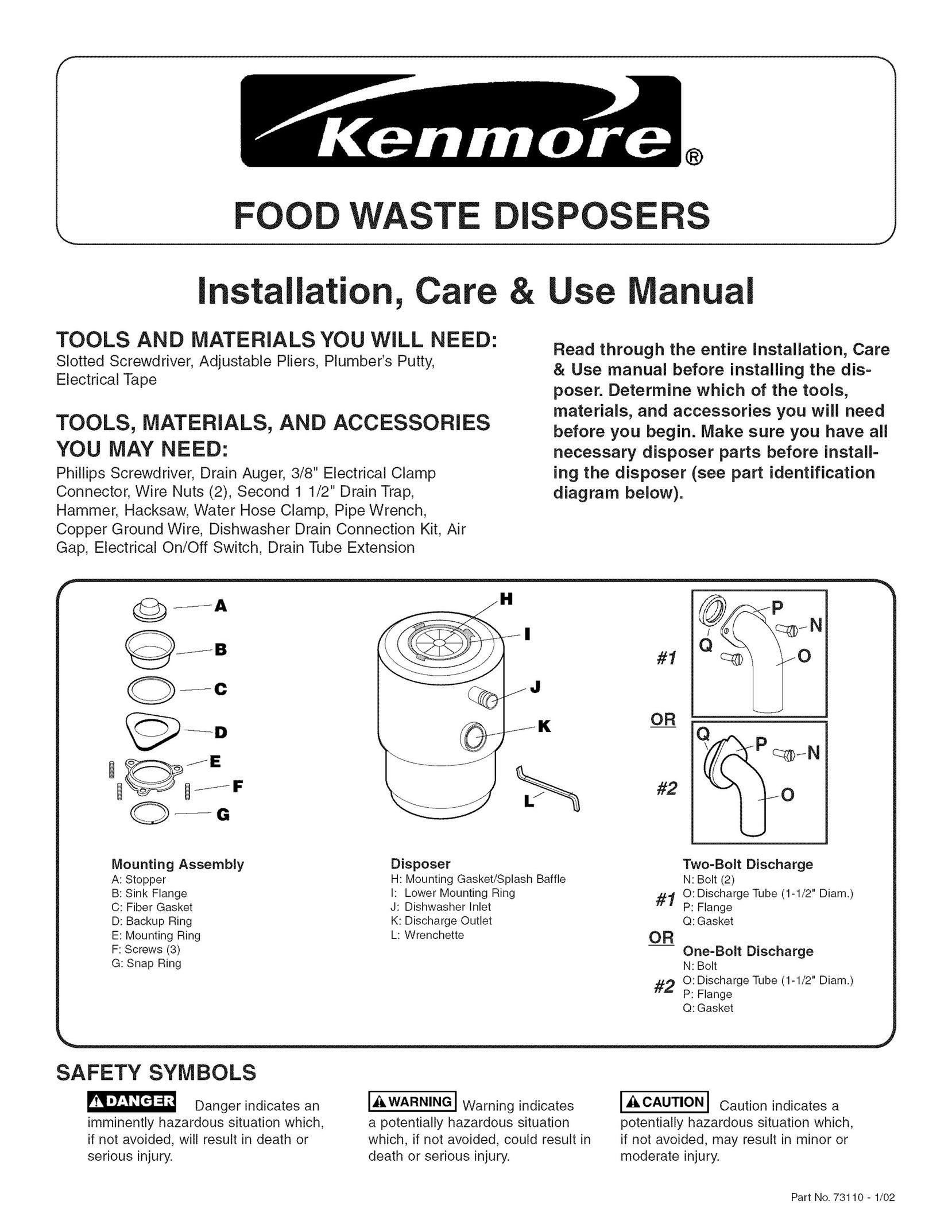 Kenmore 17568563 Garbage Disposal User Manual