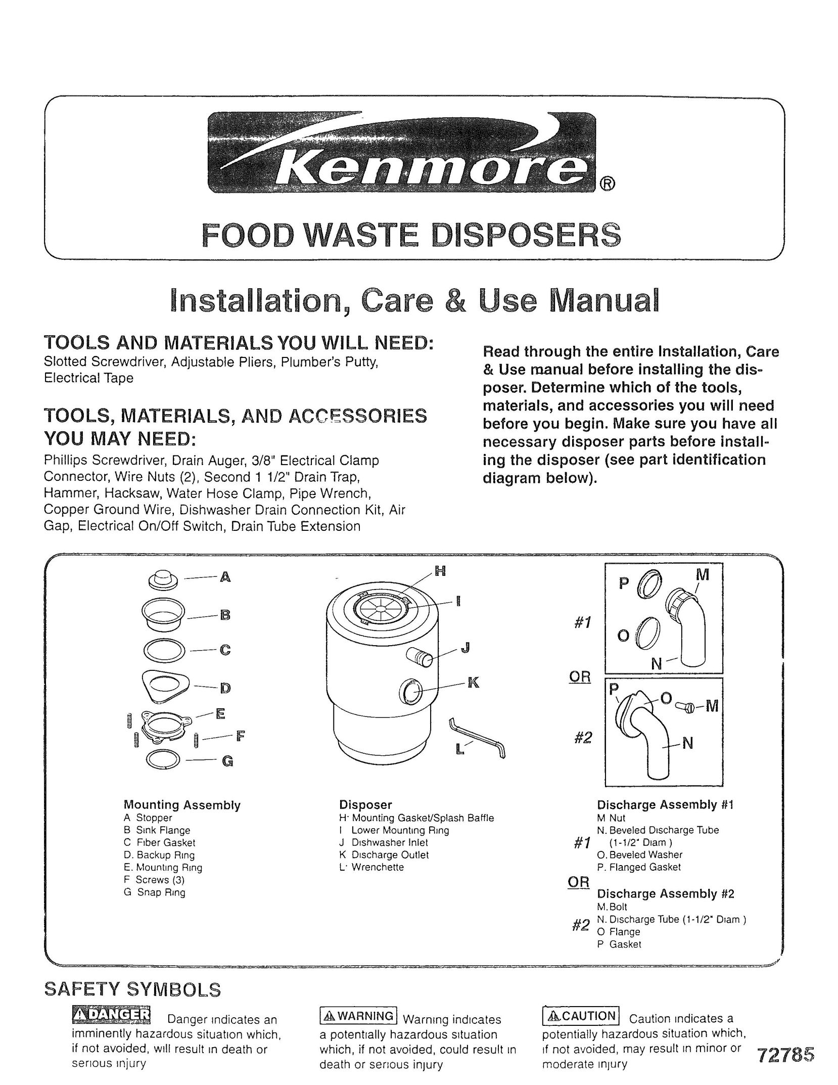 Kenmore 72785 Garbage Disposal User Manual
