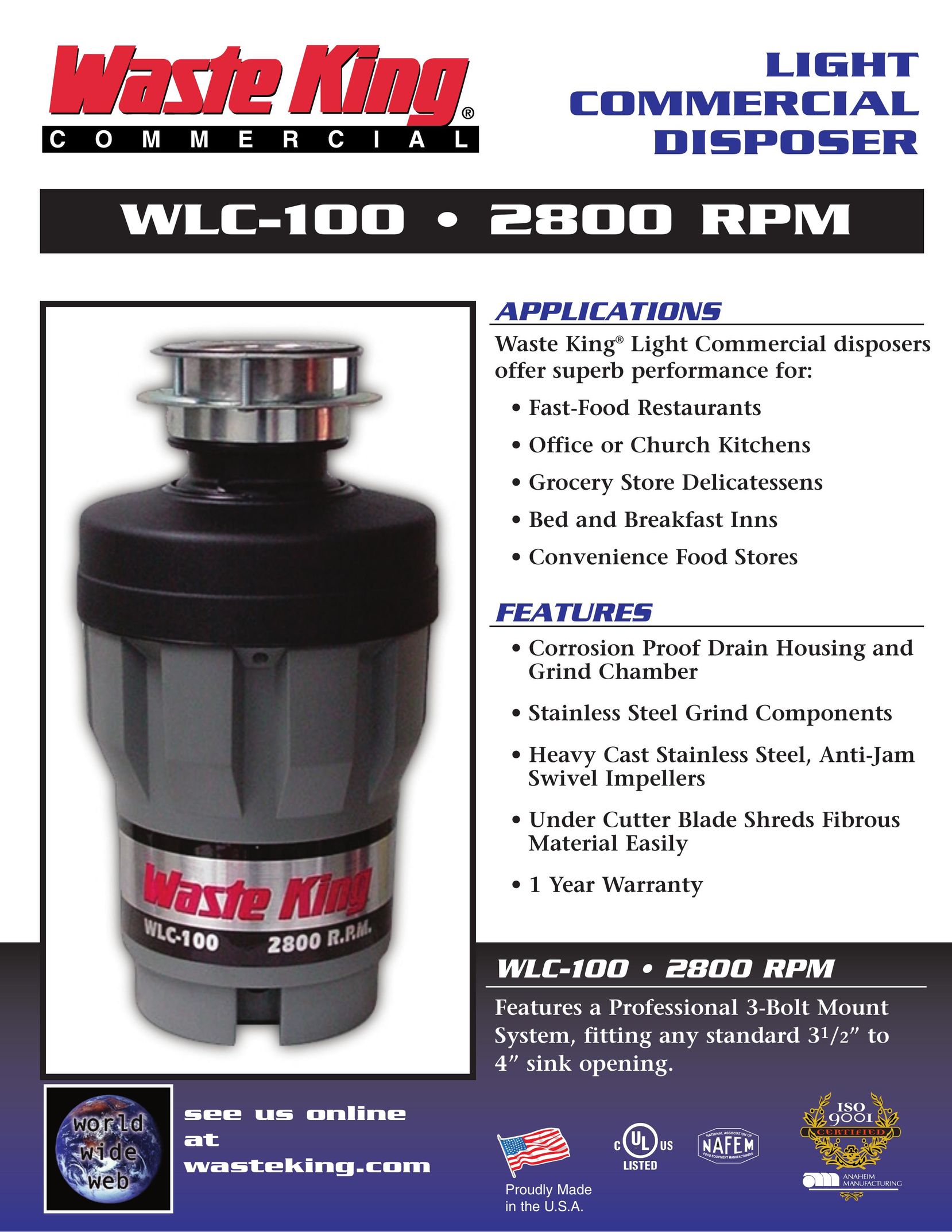Waste King WLC-100 Garbage Disposal User Manual