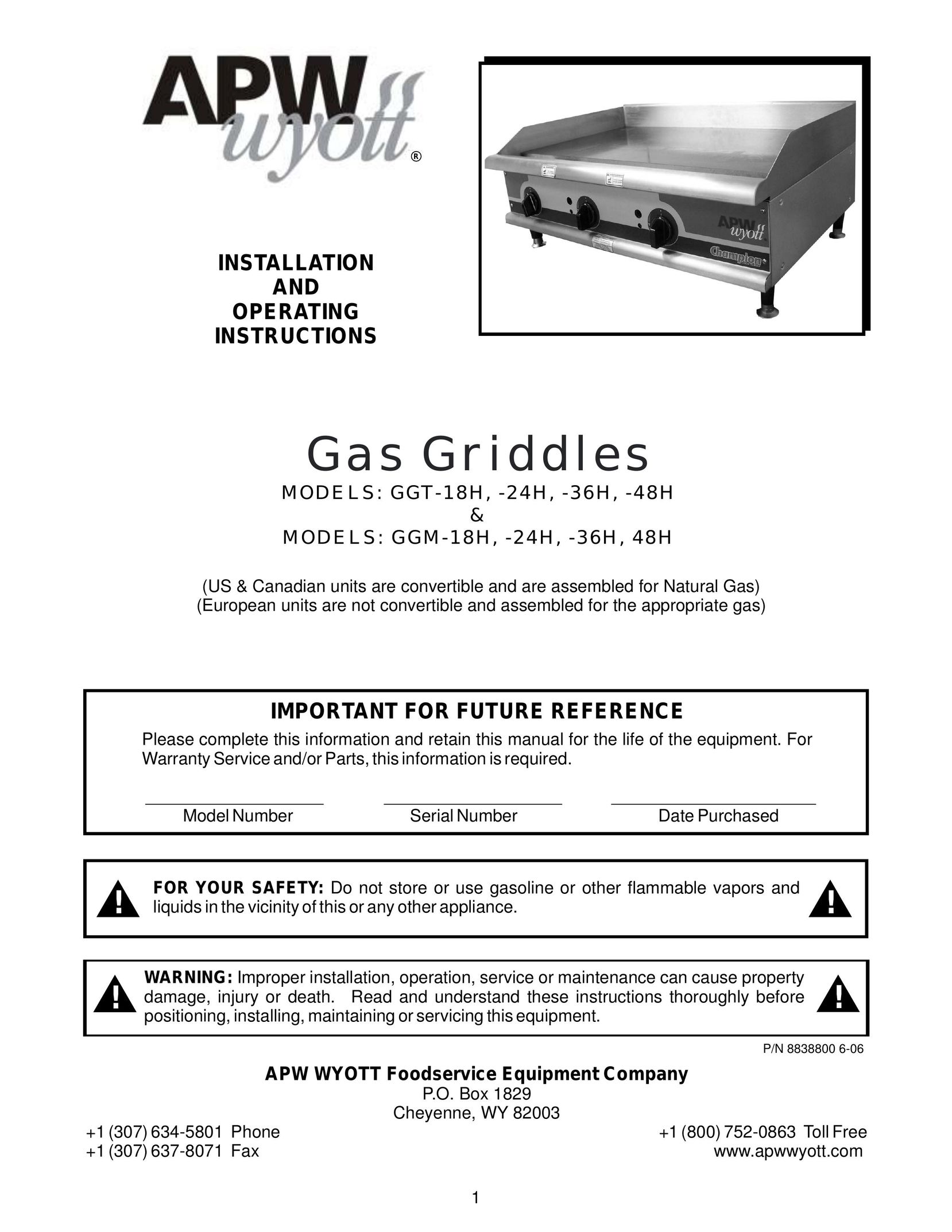 APW Wyott GGT-18H Griddle User Manual